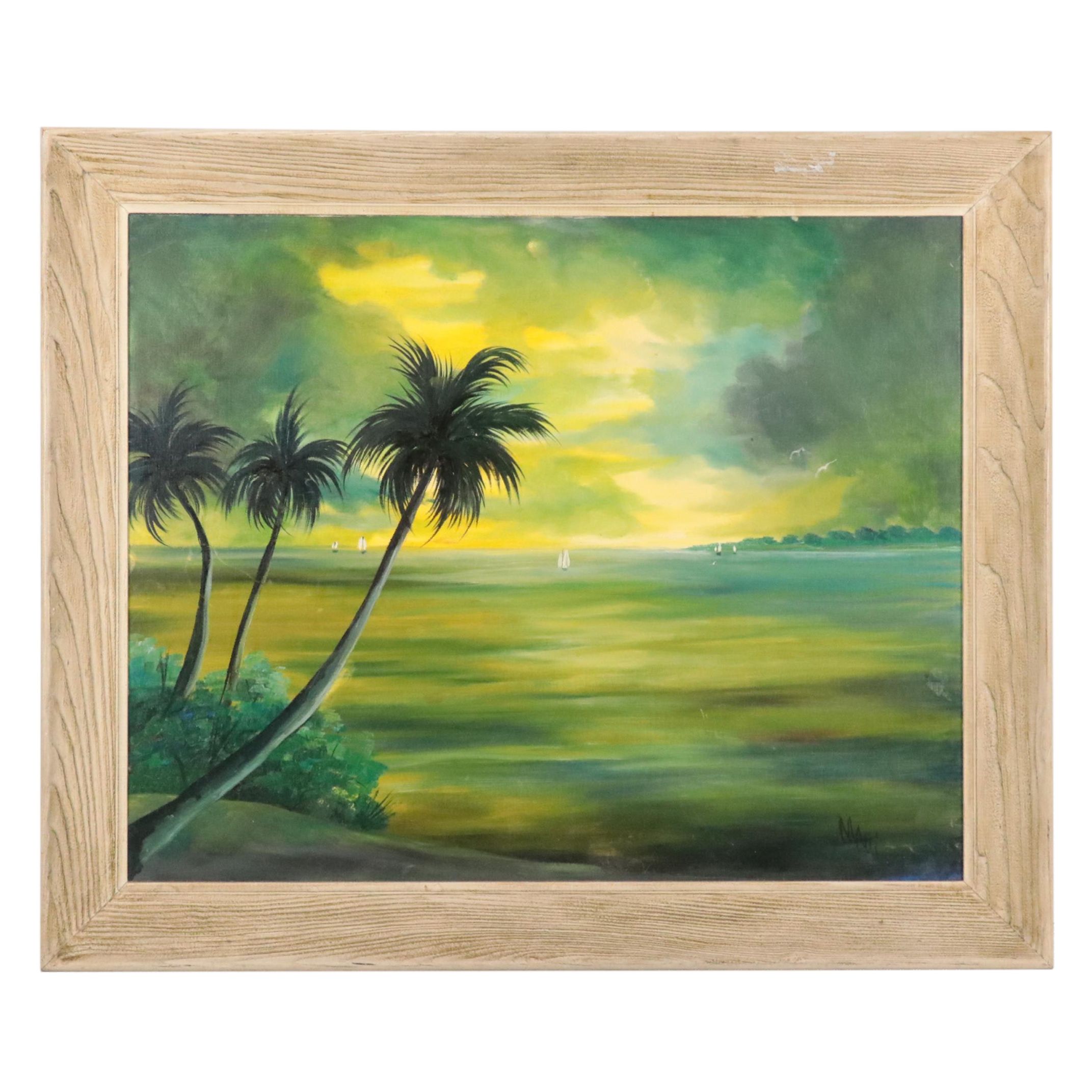 Seascape Oil Painting of Beach Scene With Ships