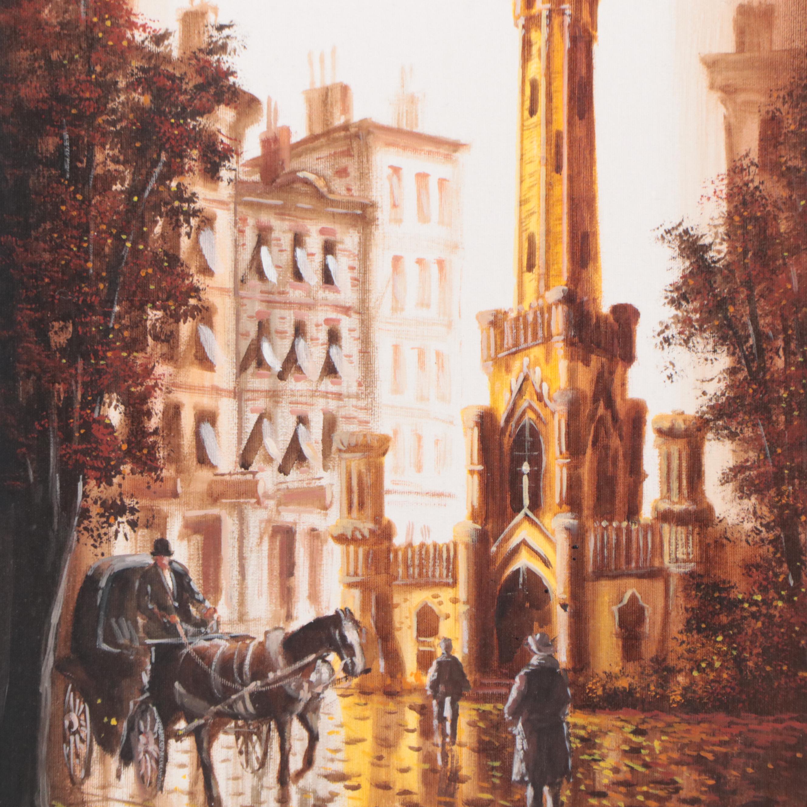 Lawrence Monier Oil Painting "Old Chicago," Late 20th Century