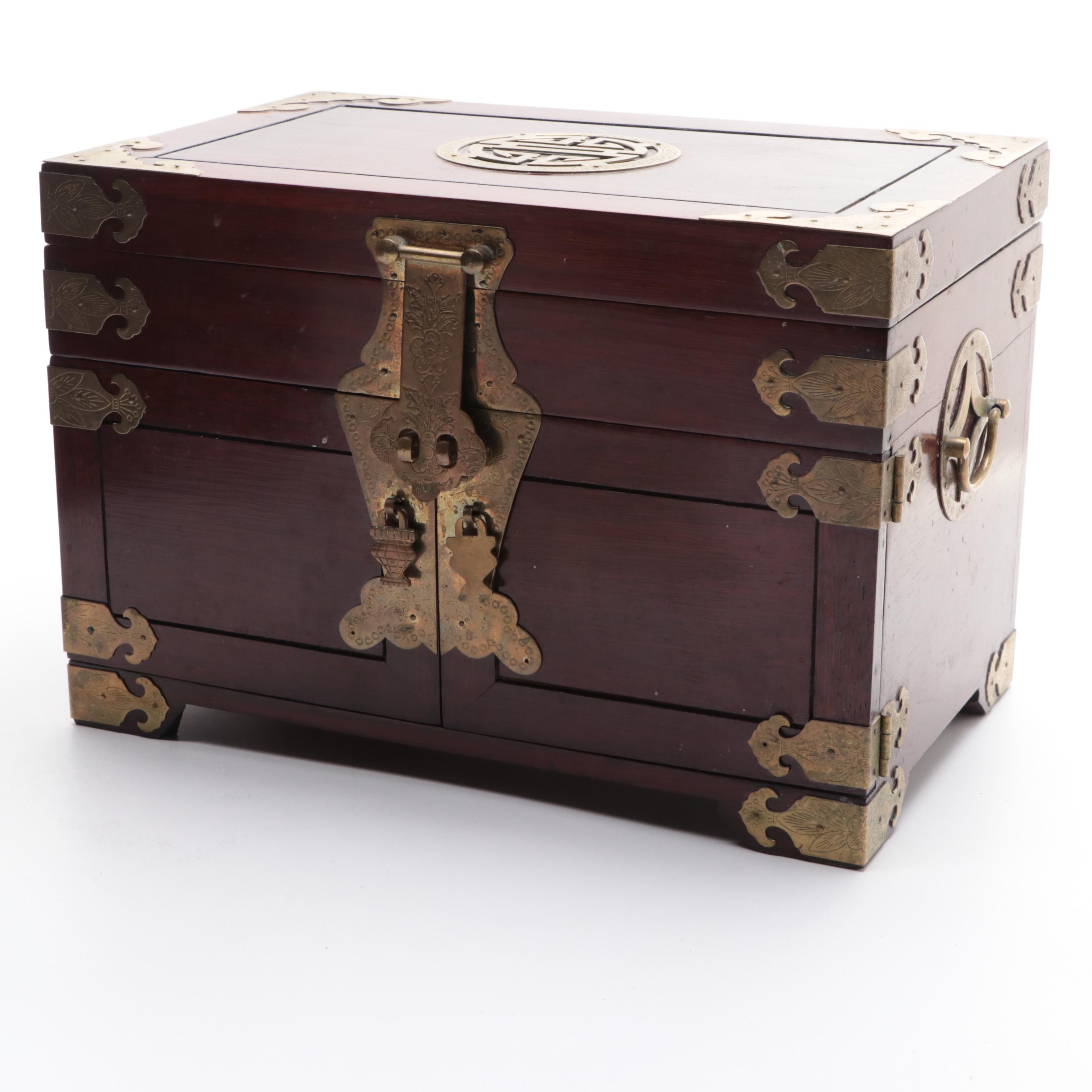 Chinese Style Brass Mounted Wooden Jewelry Box