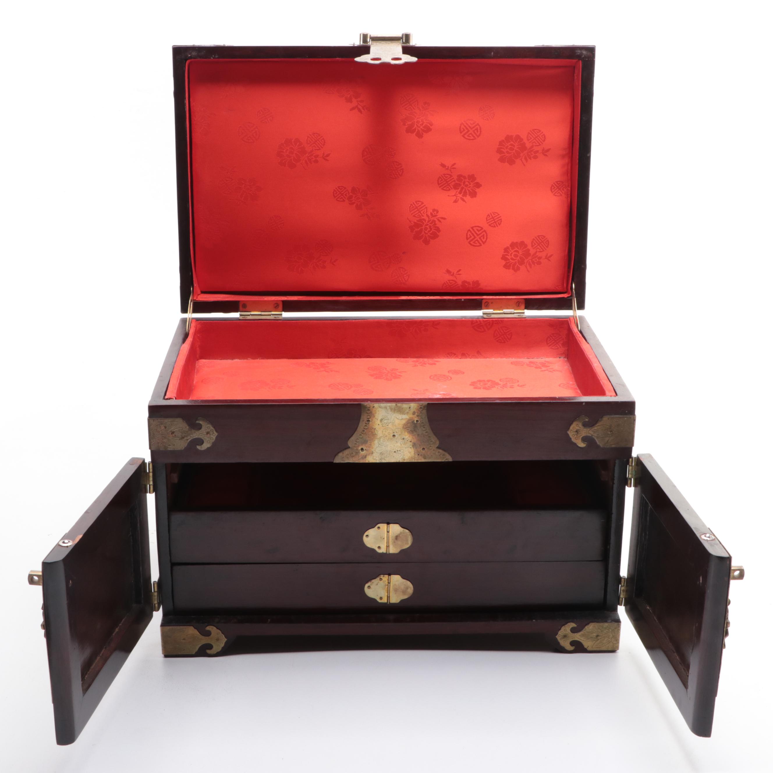 Chinese Style Brass Mounted Wooden Jewelry Box