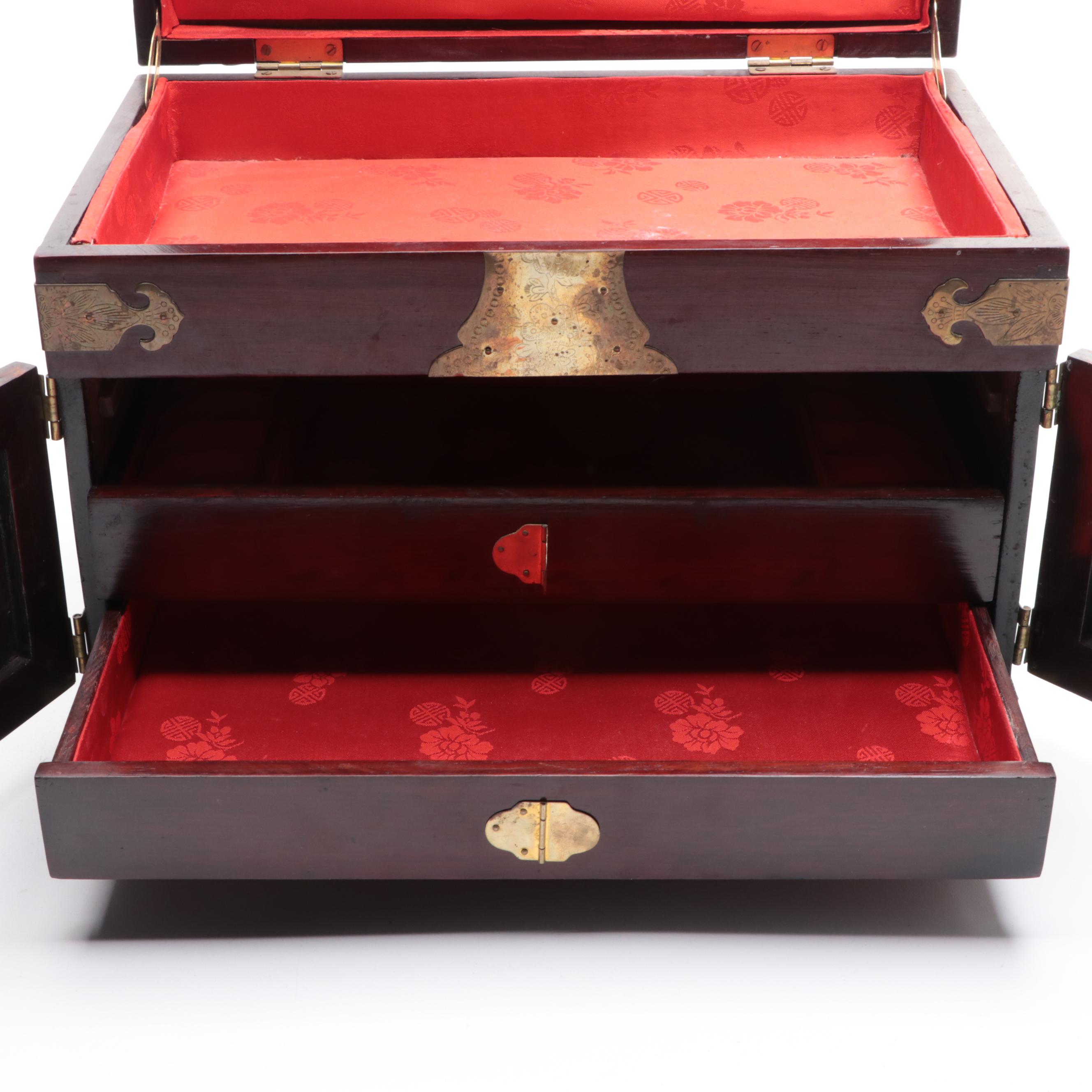 Chinese Style Brass Mounted Wooden Jewelry Box