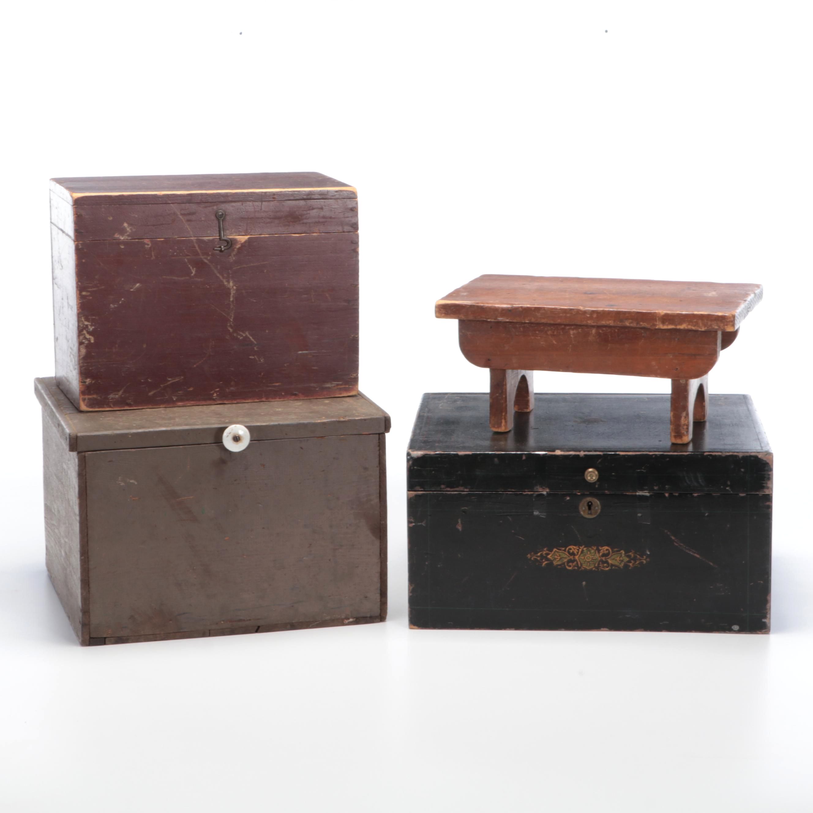 Wooden Boxes and Salesman's Sample Miniature Table