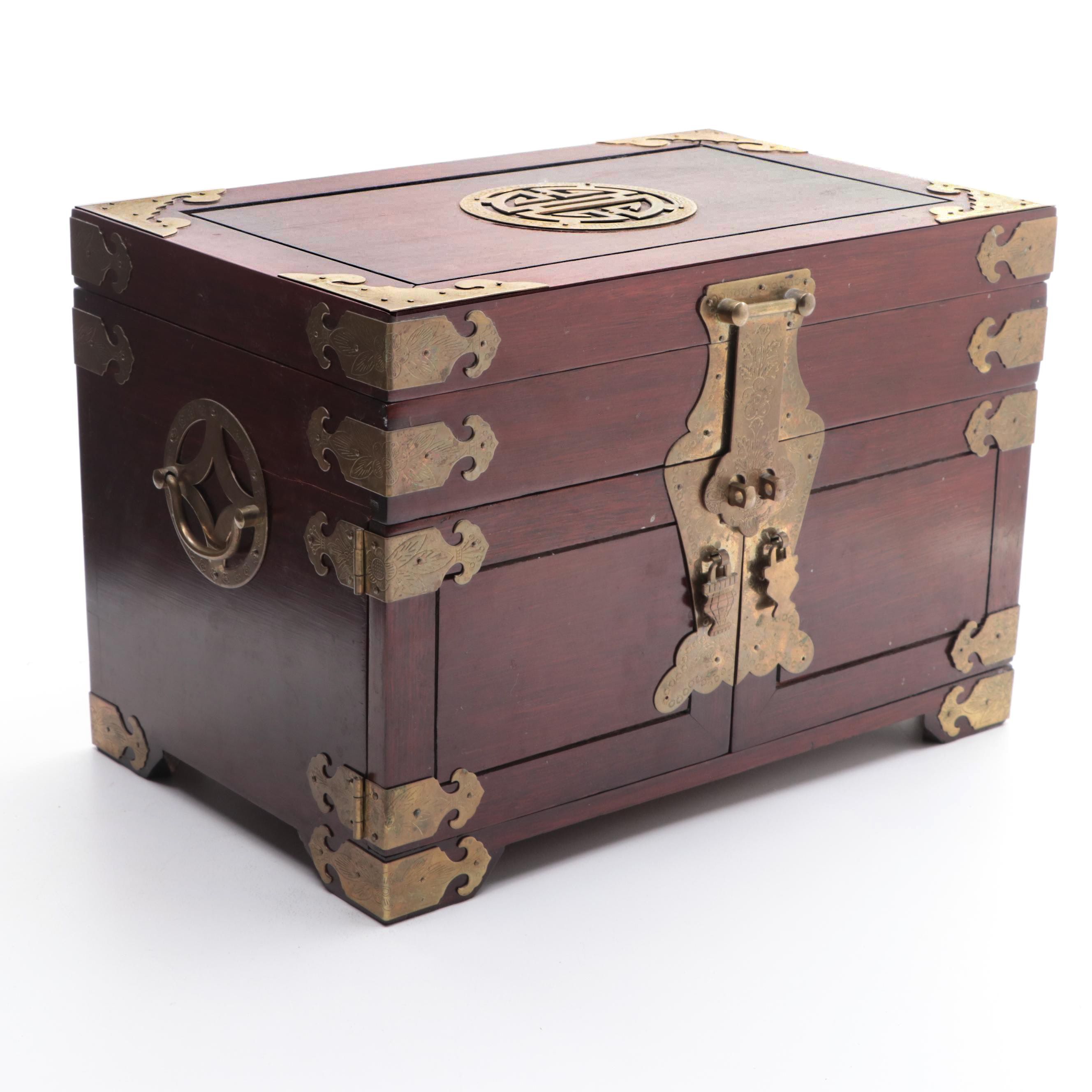 Chinese Style Brass Mounted Wooden Jewelry Box