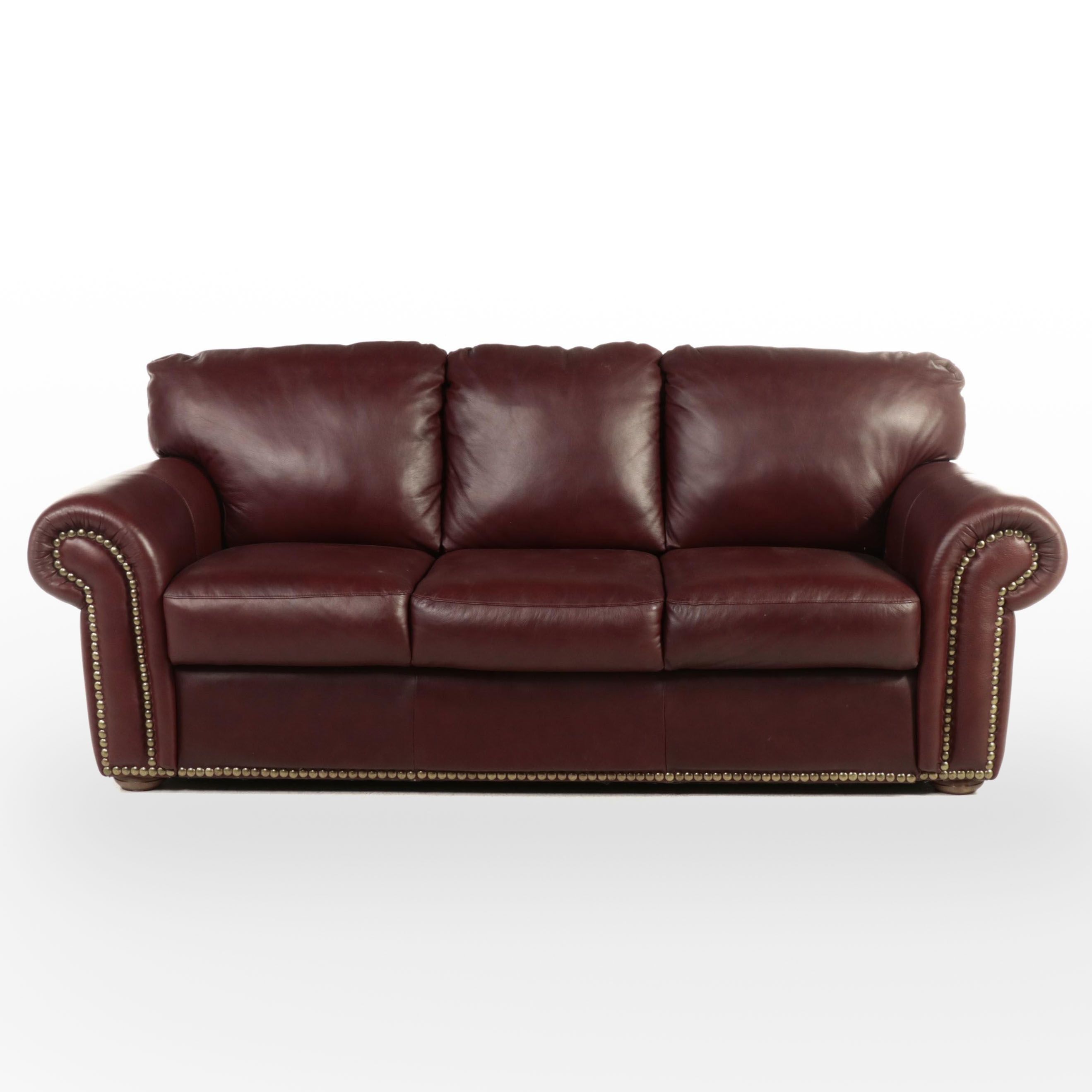 Chateau D'ax Leather Roll-Arm Sofa with Nailheads