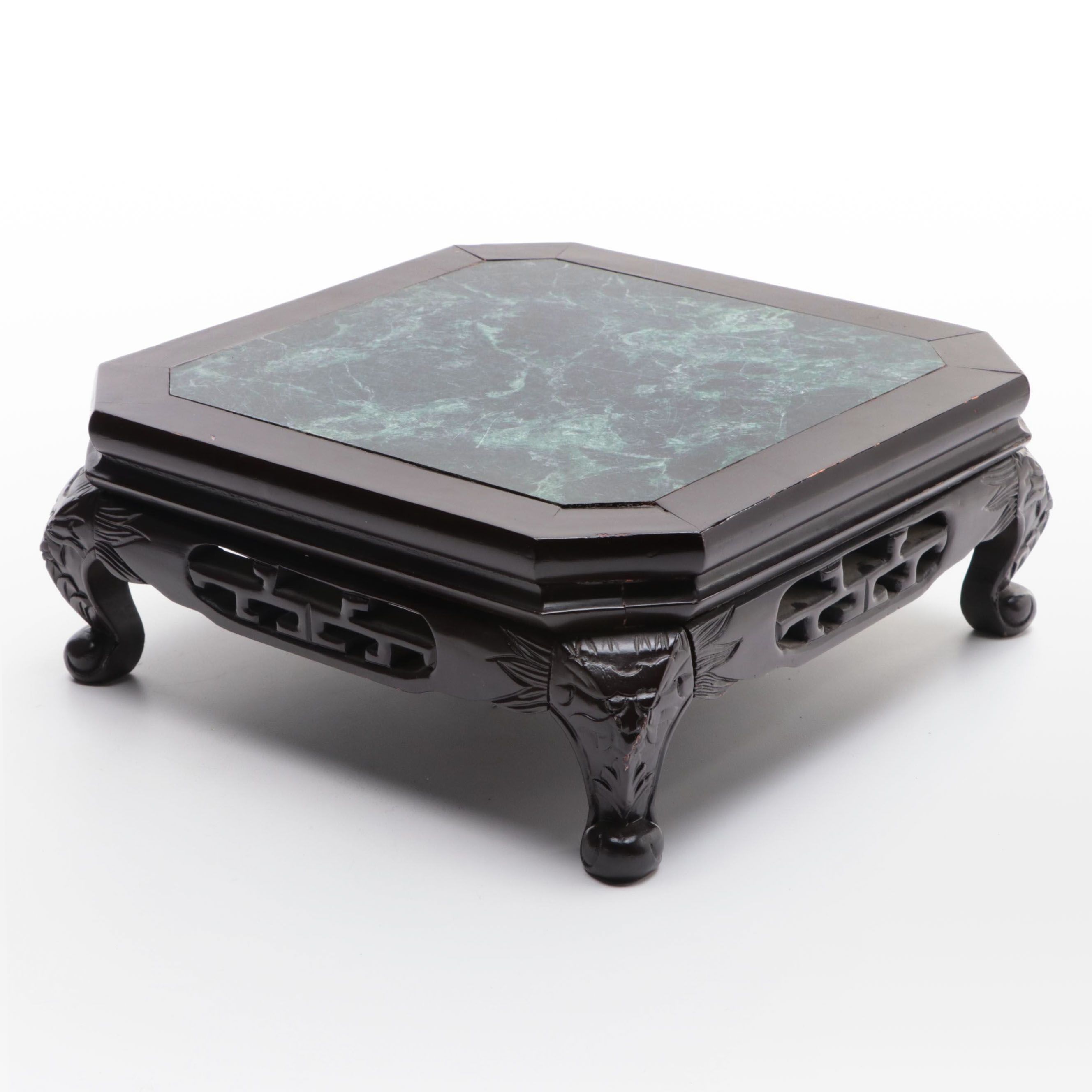 Chinese Carved Hardwood and Marble Display Plinth