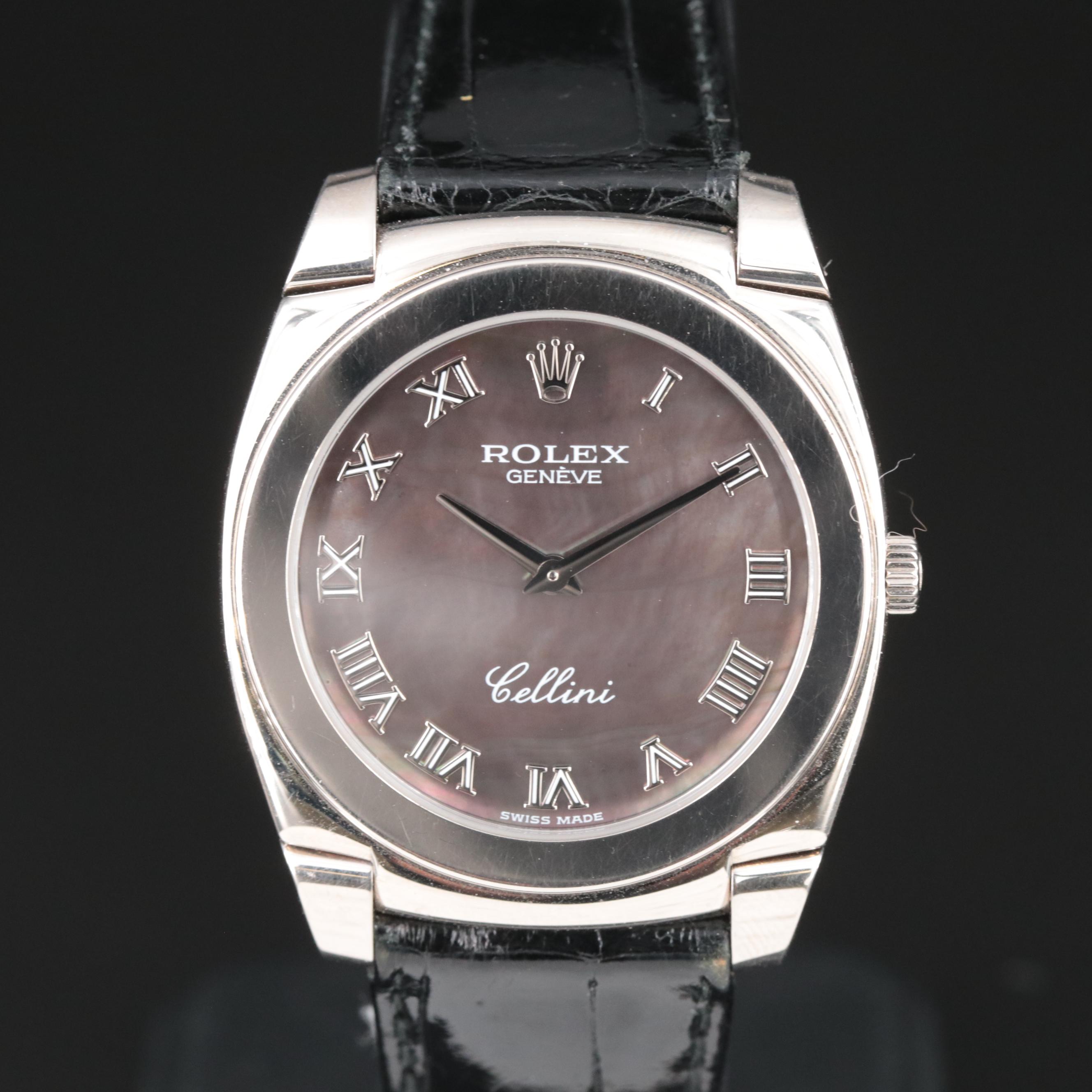 18K Rolex Cellini Cestello Black Mother-of-Pearl Roman Dial Watch