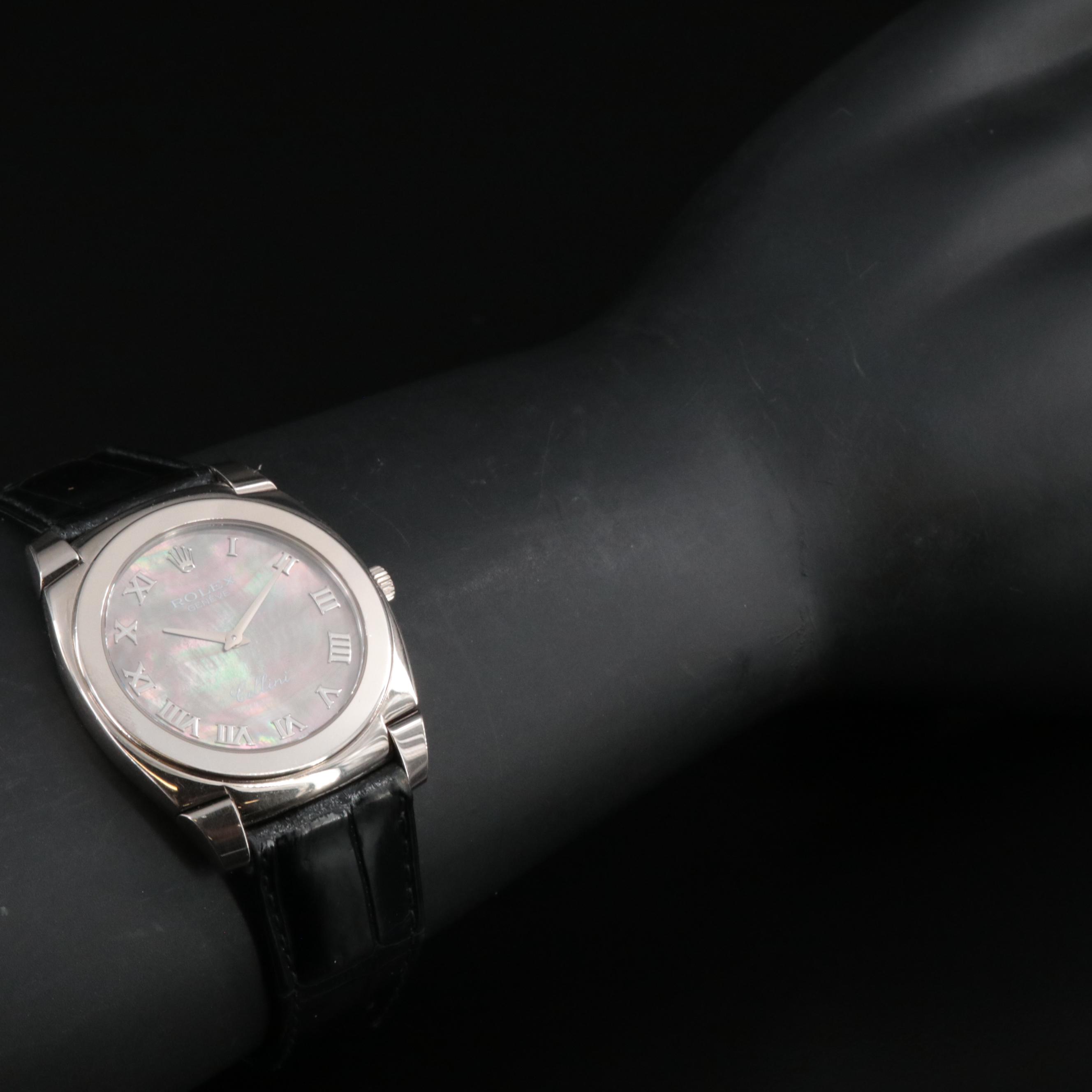 18K Rolex Cellini Cestello Black Mother-of-Pearl Roman Dial Watch