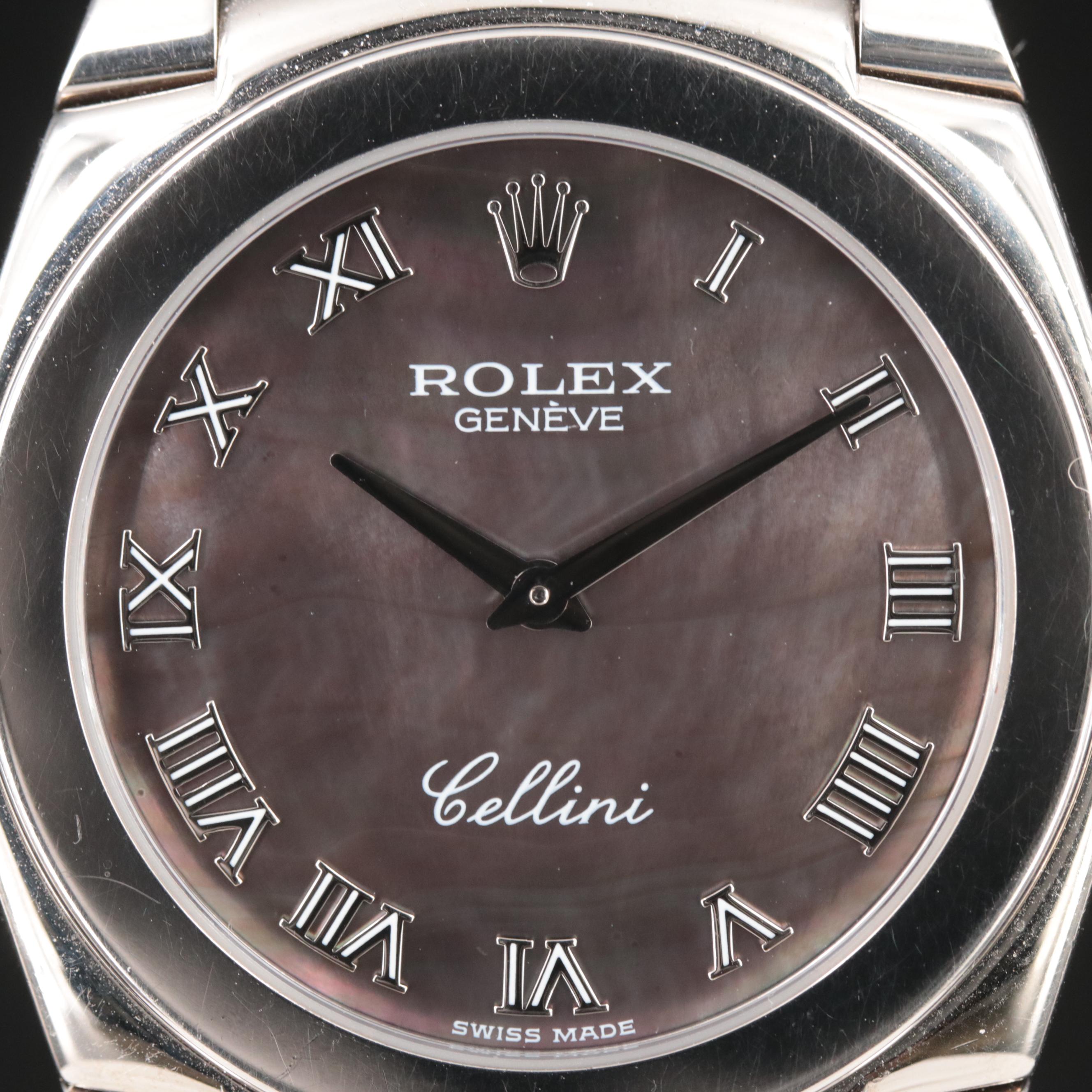 18K Rolex Cellini Cestello Black Mother-of-Pearl Roman Dial Watch