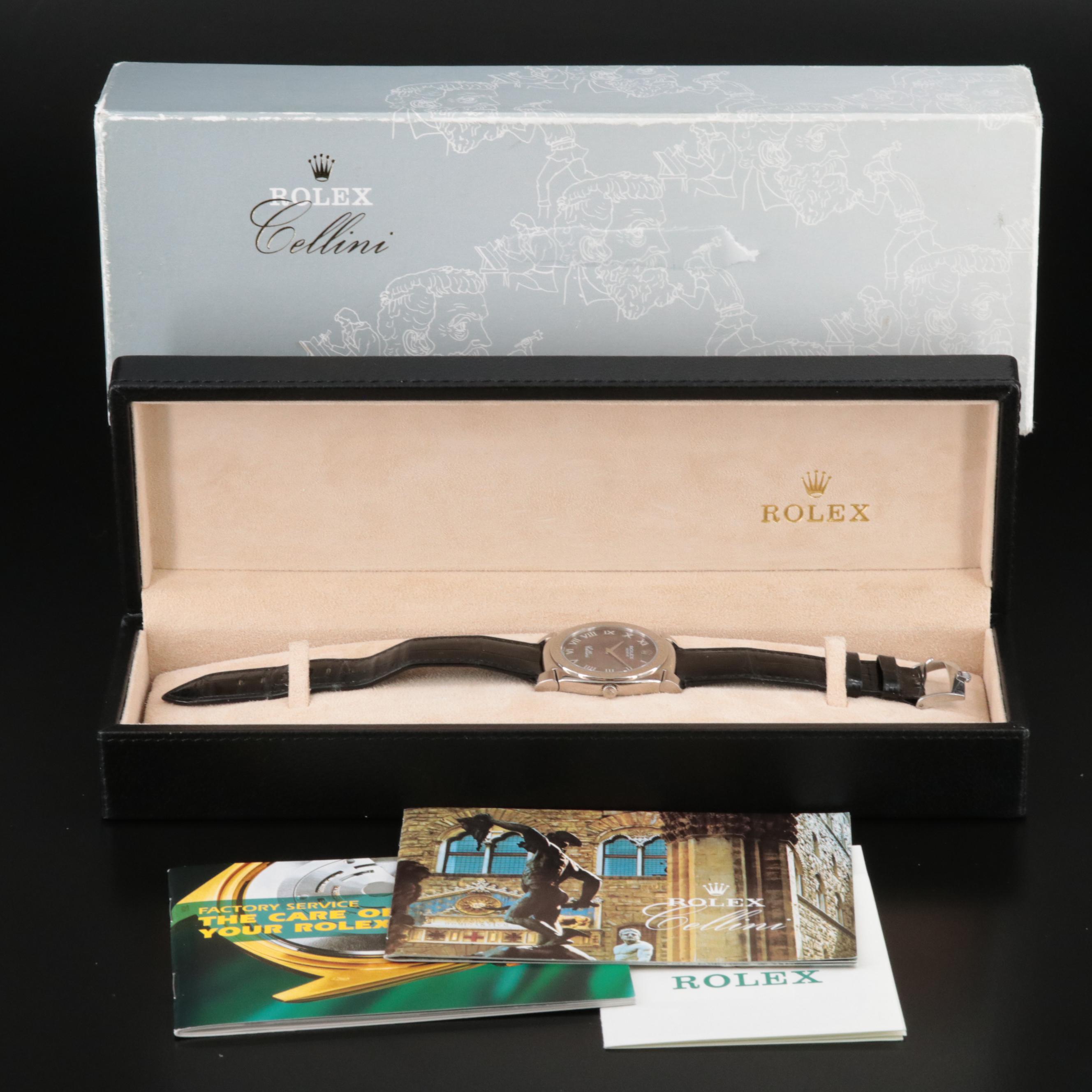 18K Rolex Cellini Cestello Black Mother-of-Pearl Roman Dial Watch