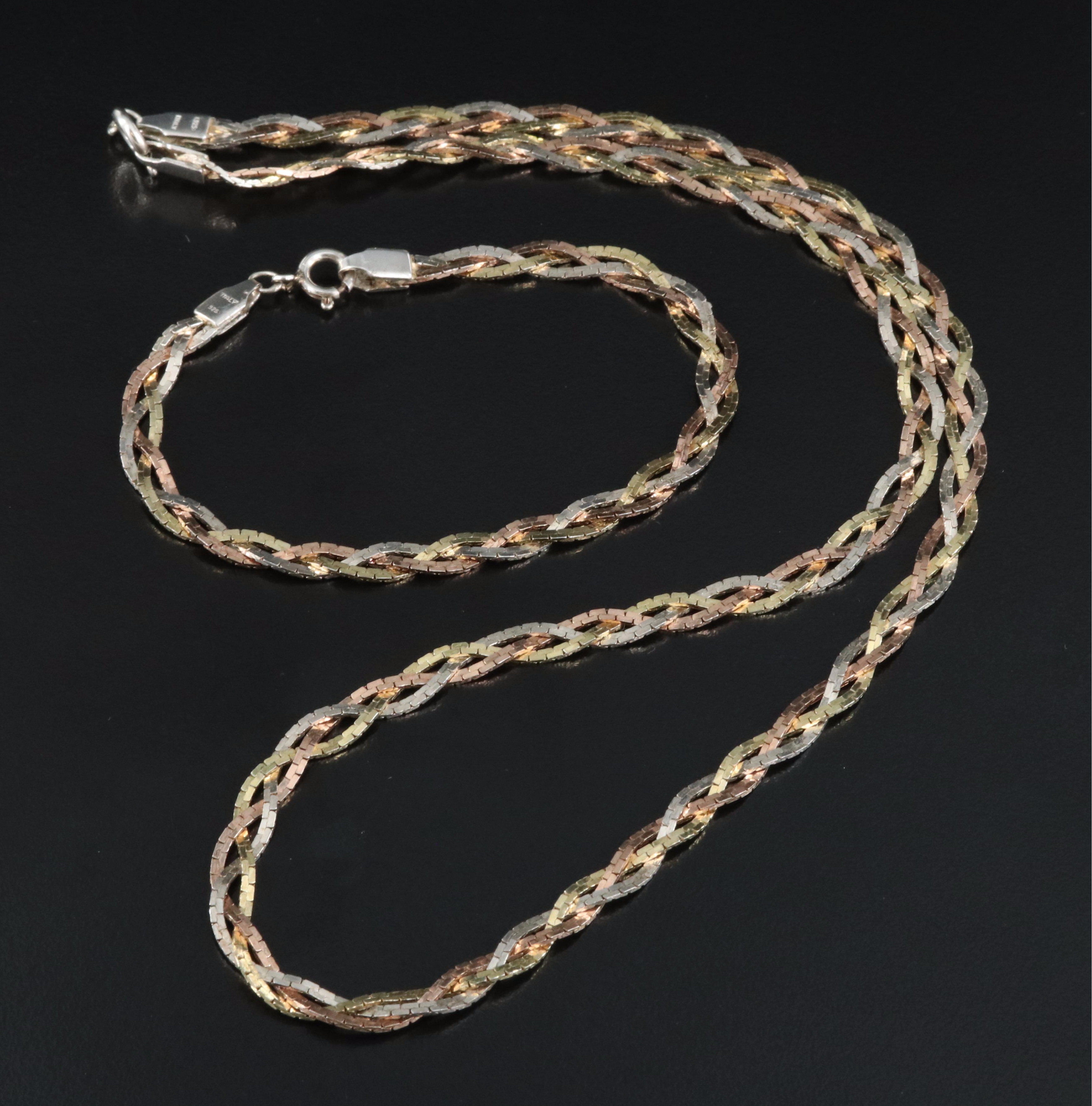 Sterling Tri-Color Braided Box Chain Necklace and Bracelet Set