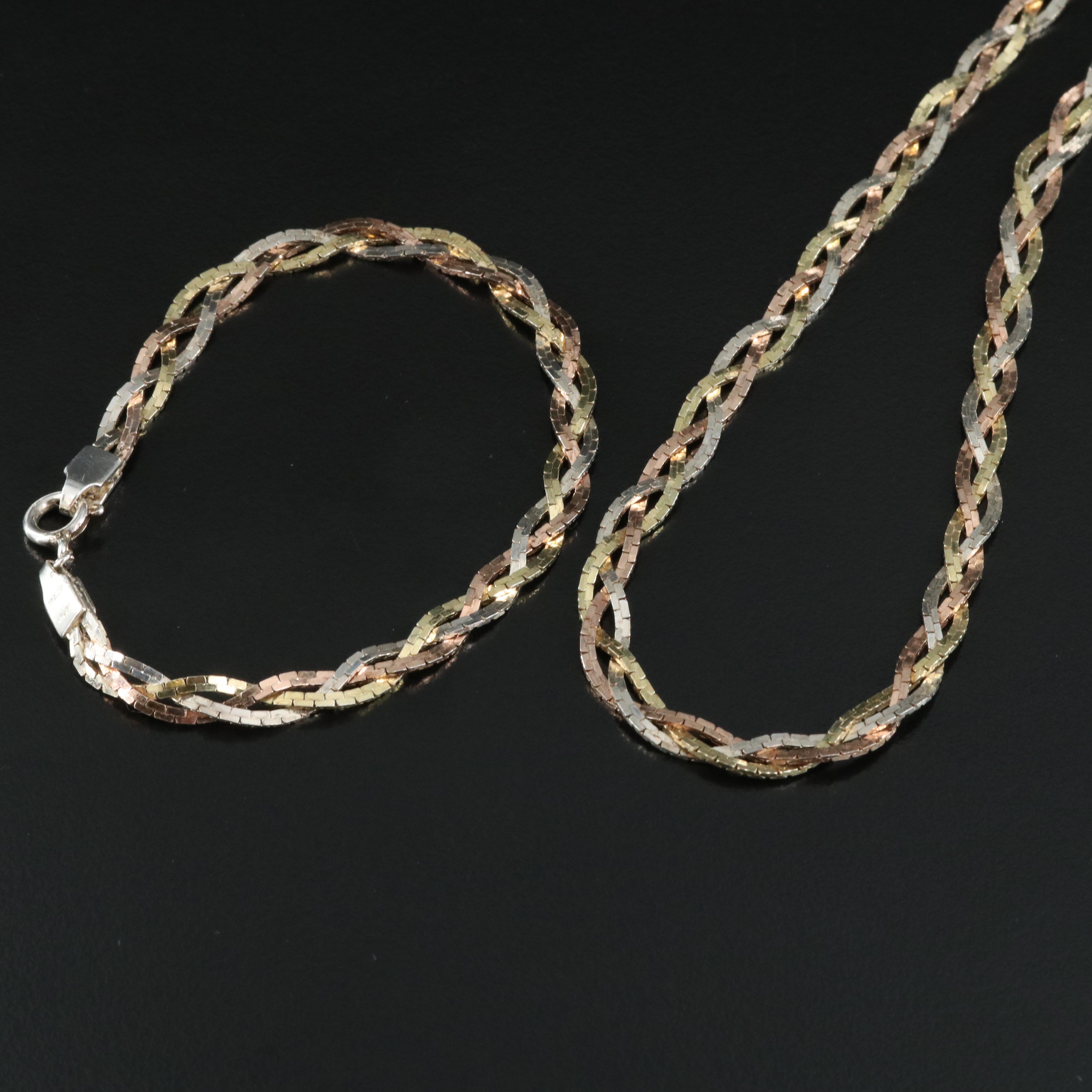 Sterling Tri-Color Braided Box Chain Necklace and Bracelet Set