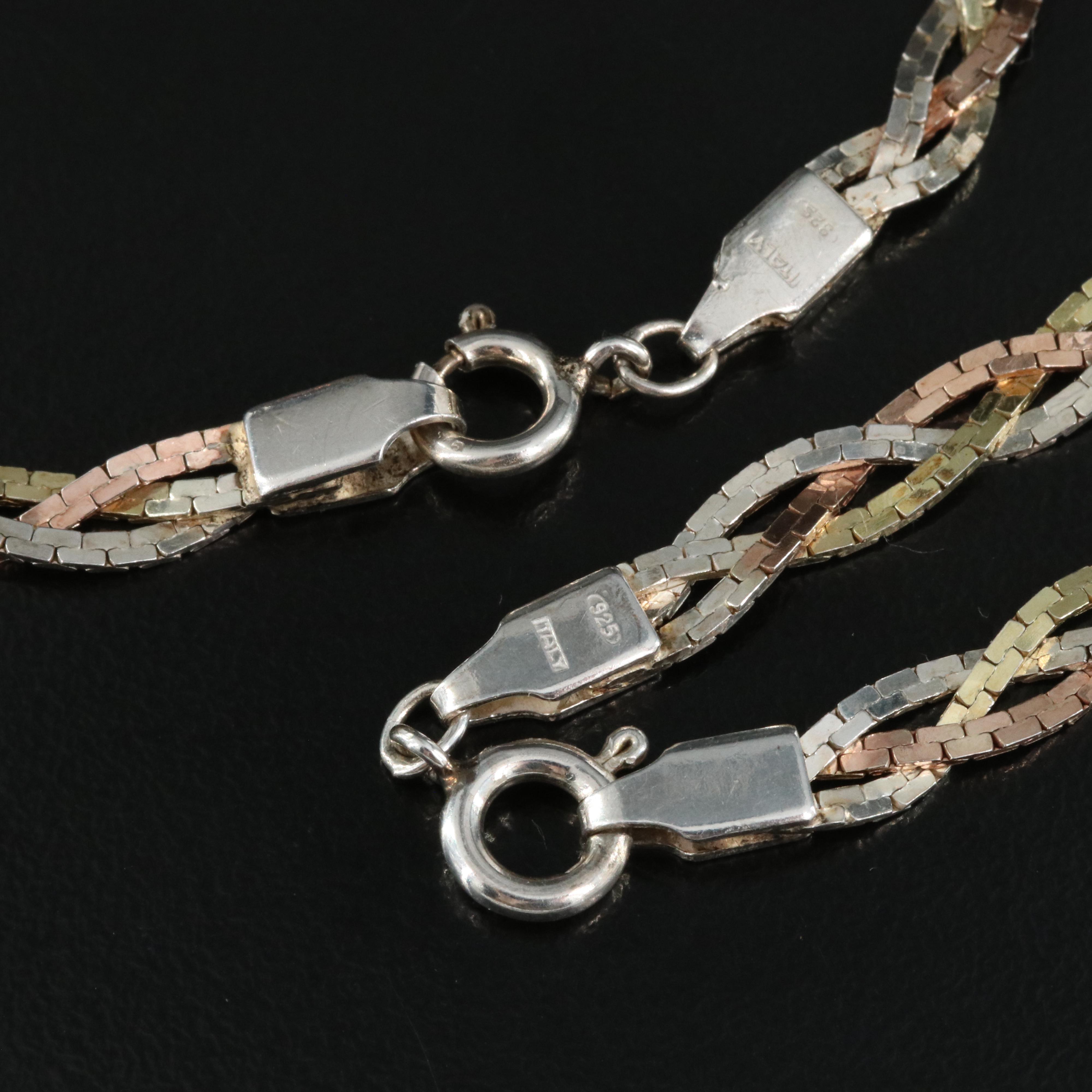 Sterling Tri-Color Braided Box Chain Necklace and Bracelet Set