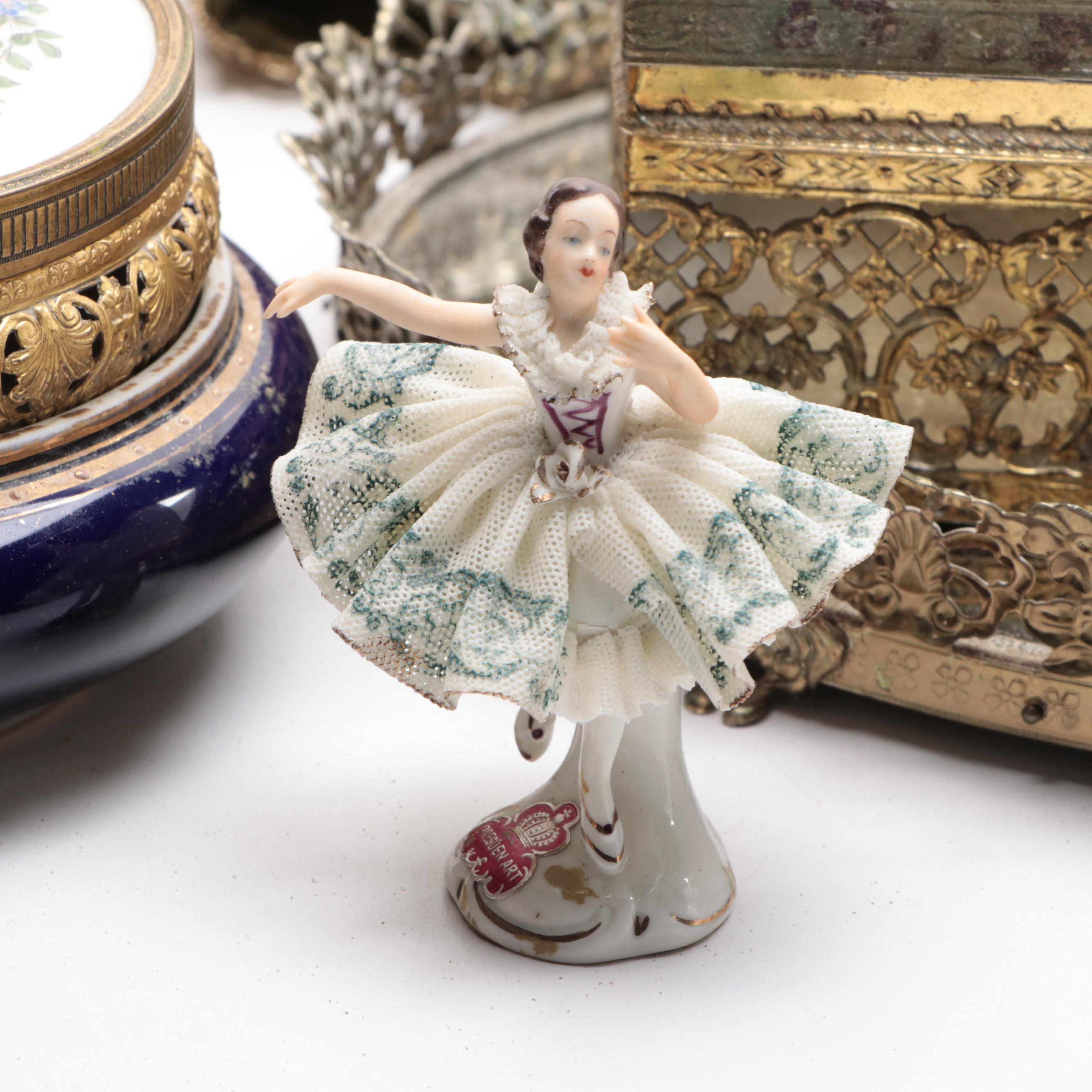 Hand-Painted Floral Motif Porcelain Trinket Box with More Vanity Accessories