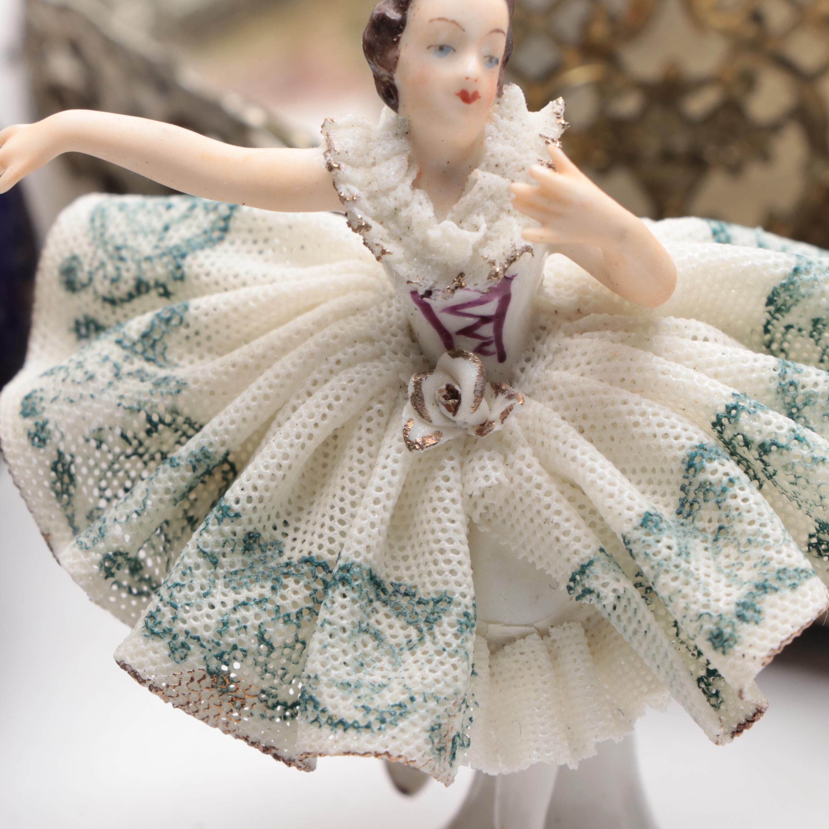 Hand-Painted Floral Motif Porcelain Trinket Box with More Vanity Accessories