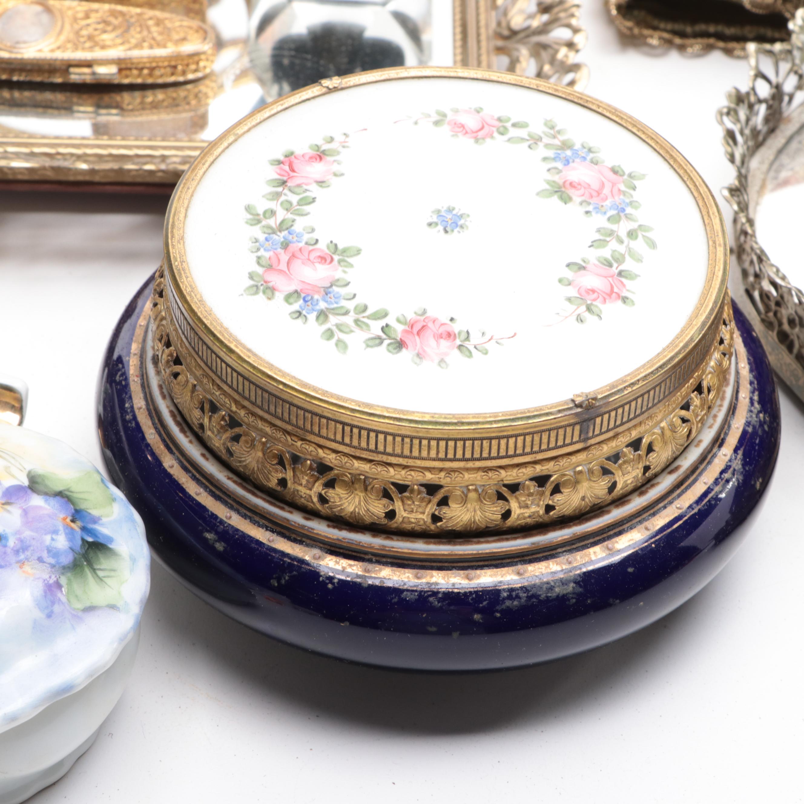 Hand-Painted Floral Motif Porcelain Trinket Box with More Vanity Accessories