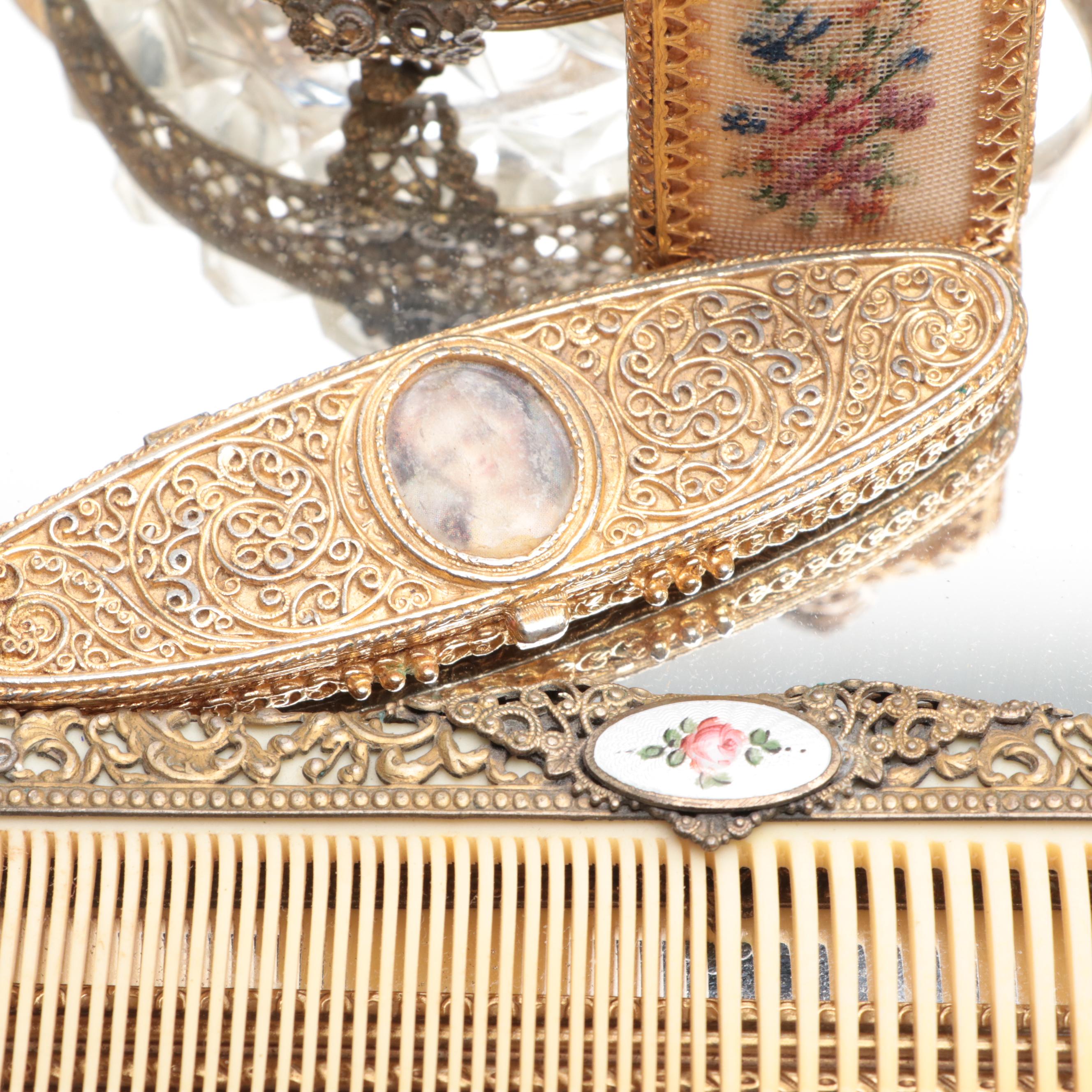 Hand-Painted Floral Motif Porcelain Trinket Box with More Vanity Accessories