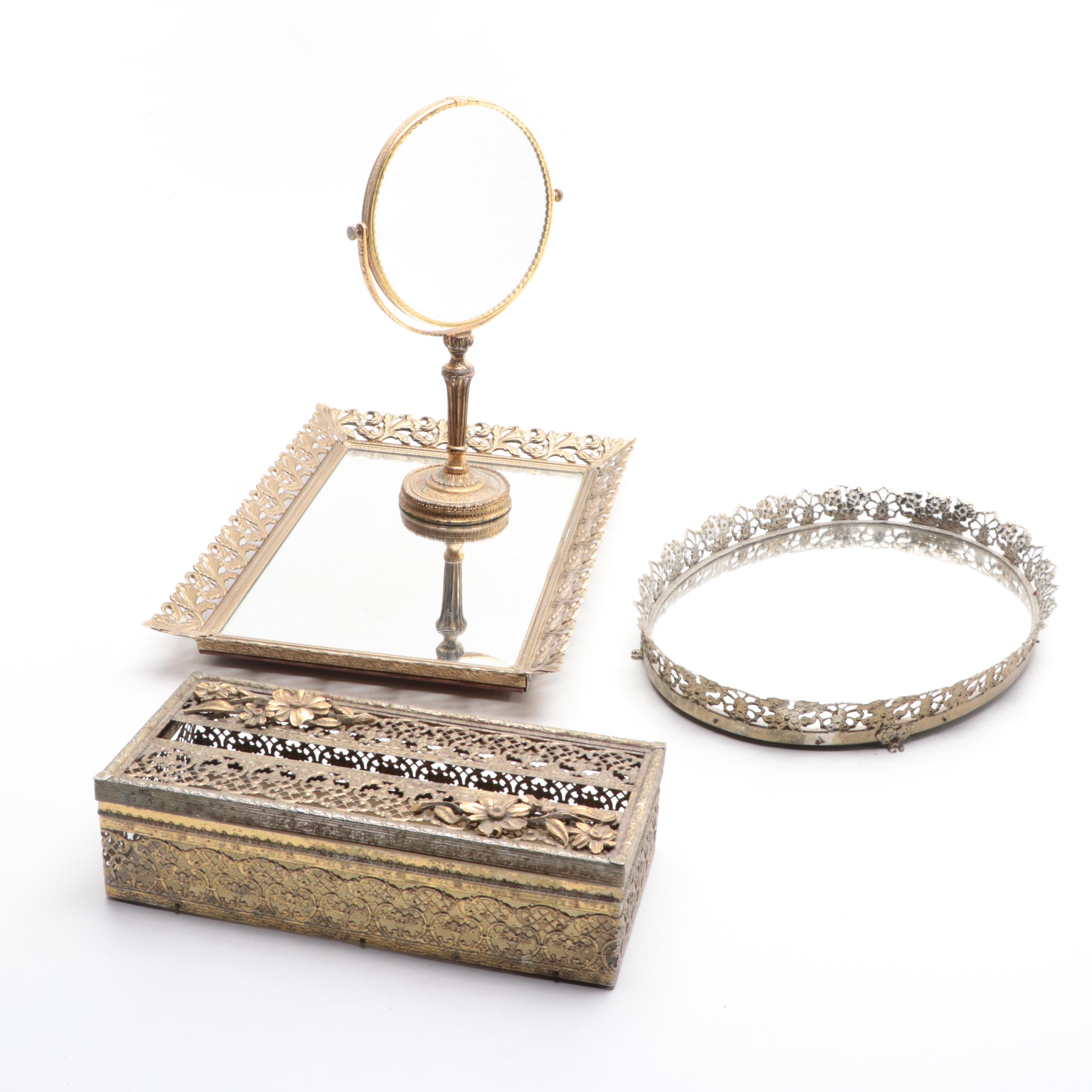 Hand-Painted Floral Motif Porcelain Trinket Box with More Vanity Accessories