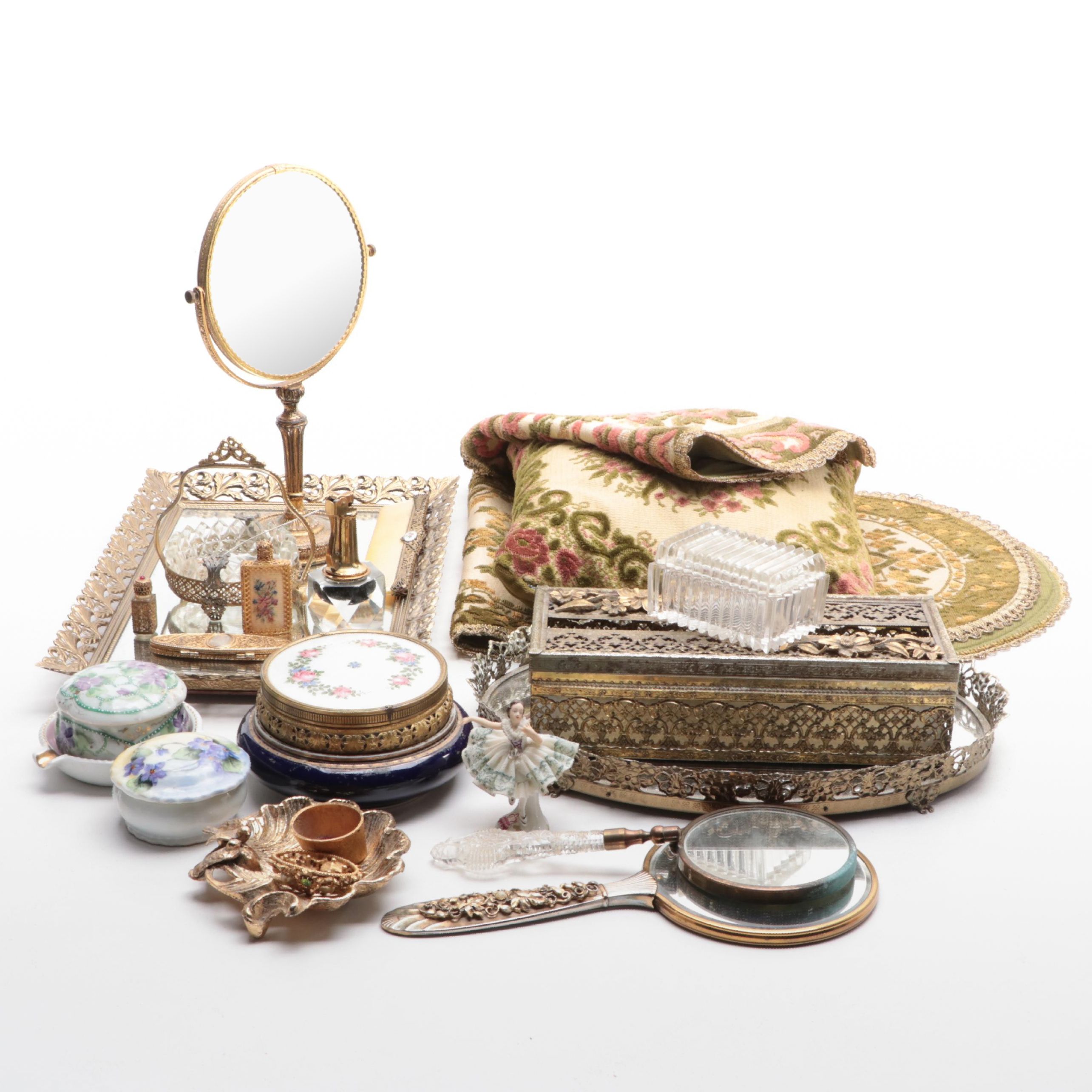 Hand-Painted Floral Motif Porcelain Trinket Box with More Vanity Accessories