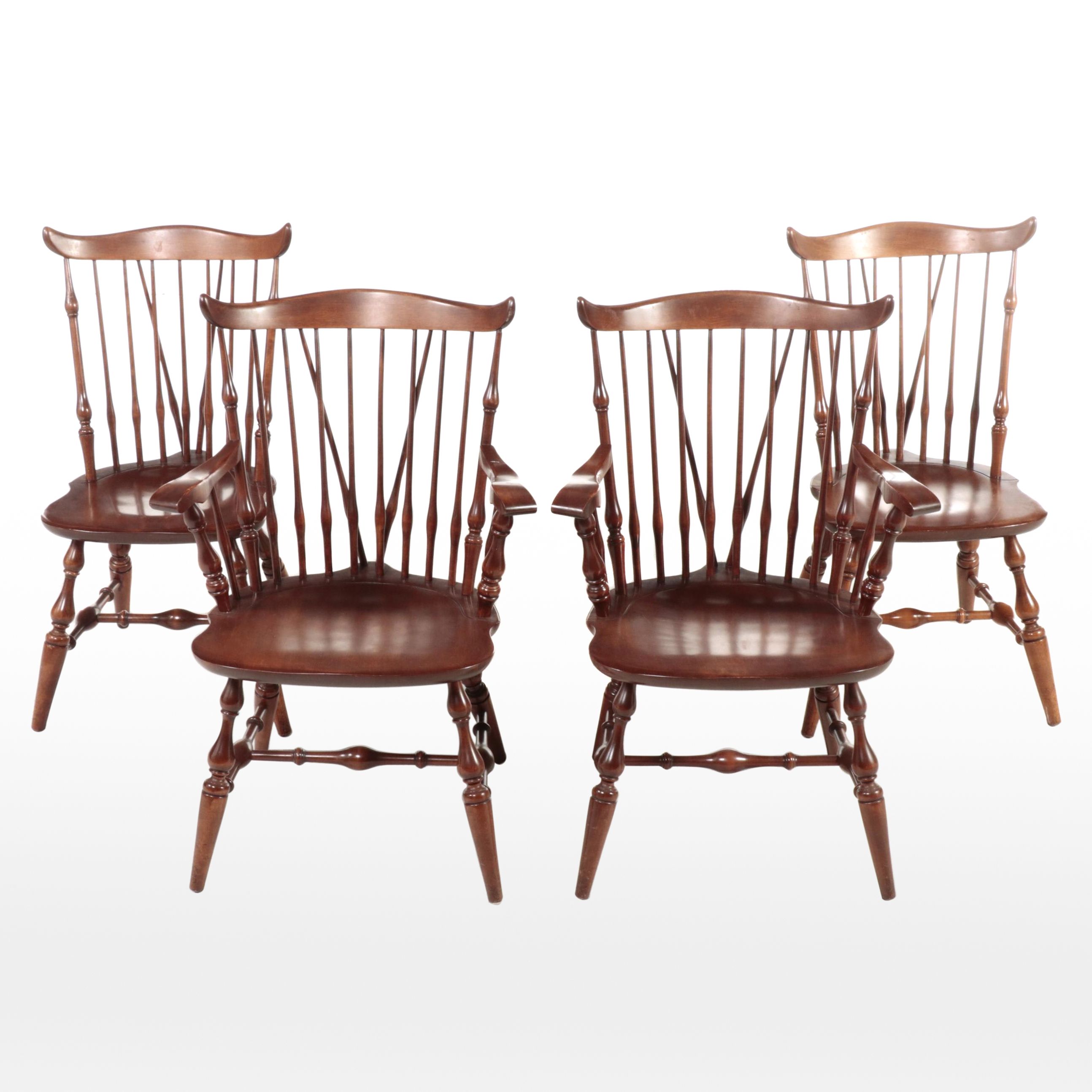 Four Nichols & Stone Colonial Style Cherrywood-Stained Windsor Dining Chairs