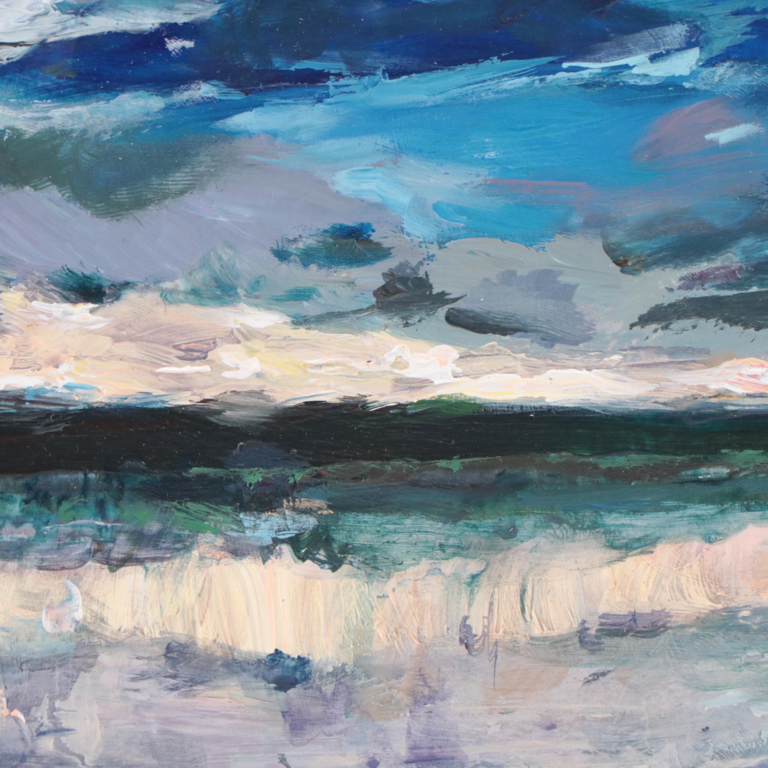 Agnes Rey Landscape Oil Painting "Blue Stillness," 21st Century