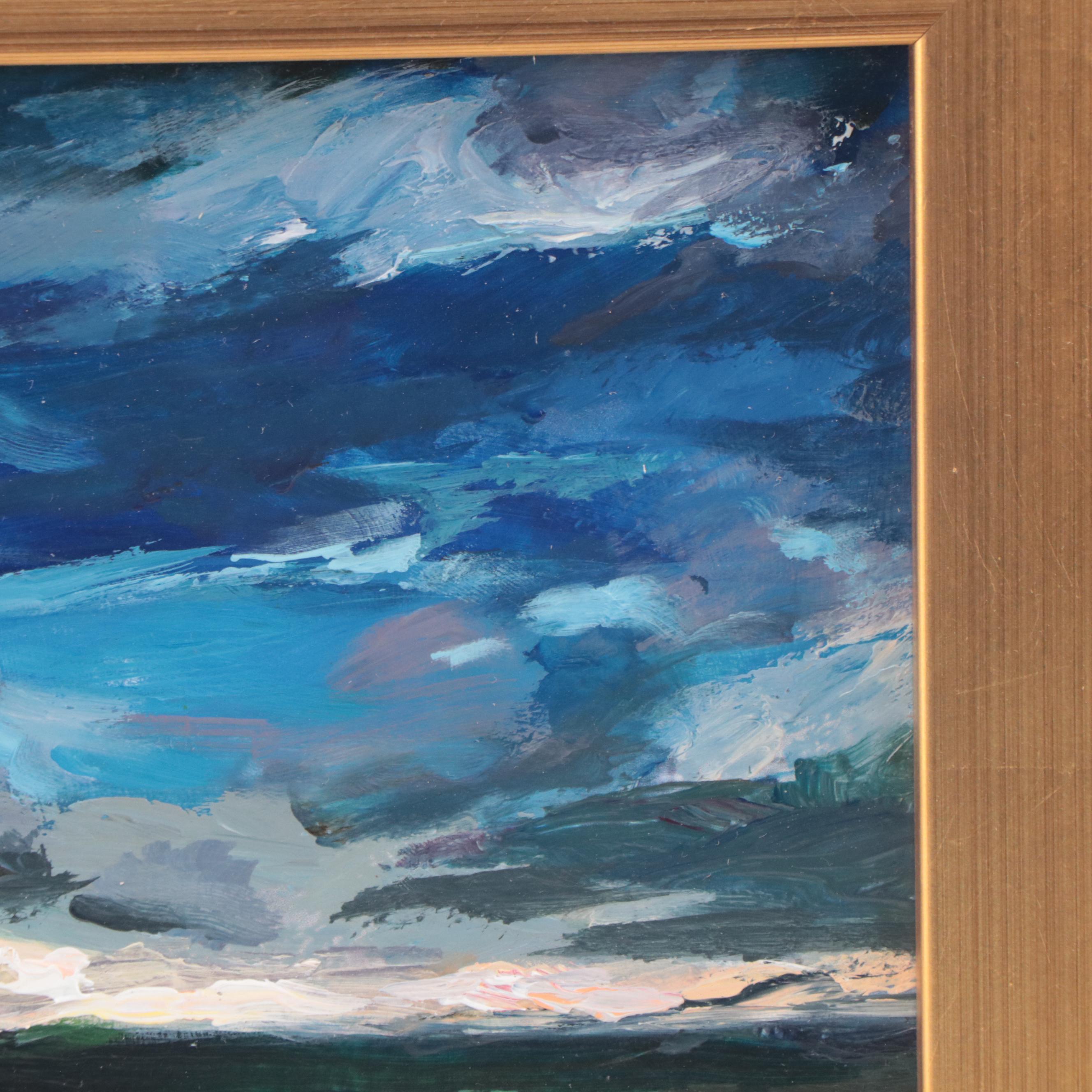 Agnes Rey Landscape Oil Painting "Blue Stillness," 21st Century