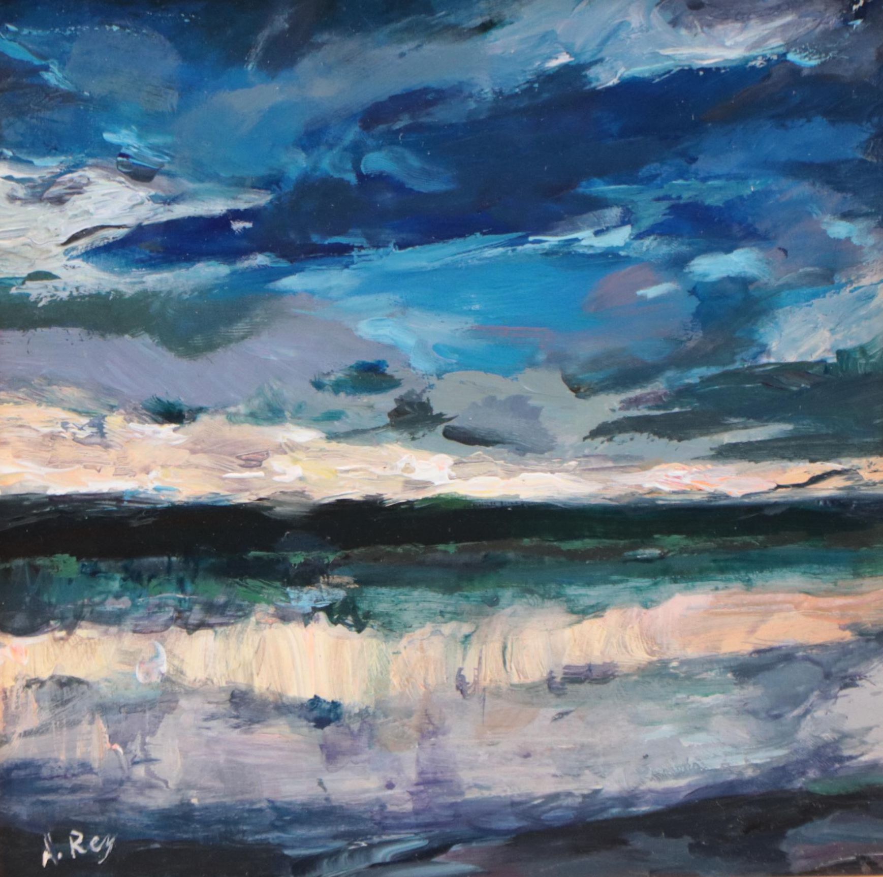 Agnes Rey Landscape Oil Painting "Blue Stillness," 21st Century