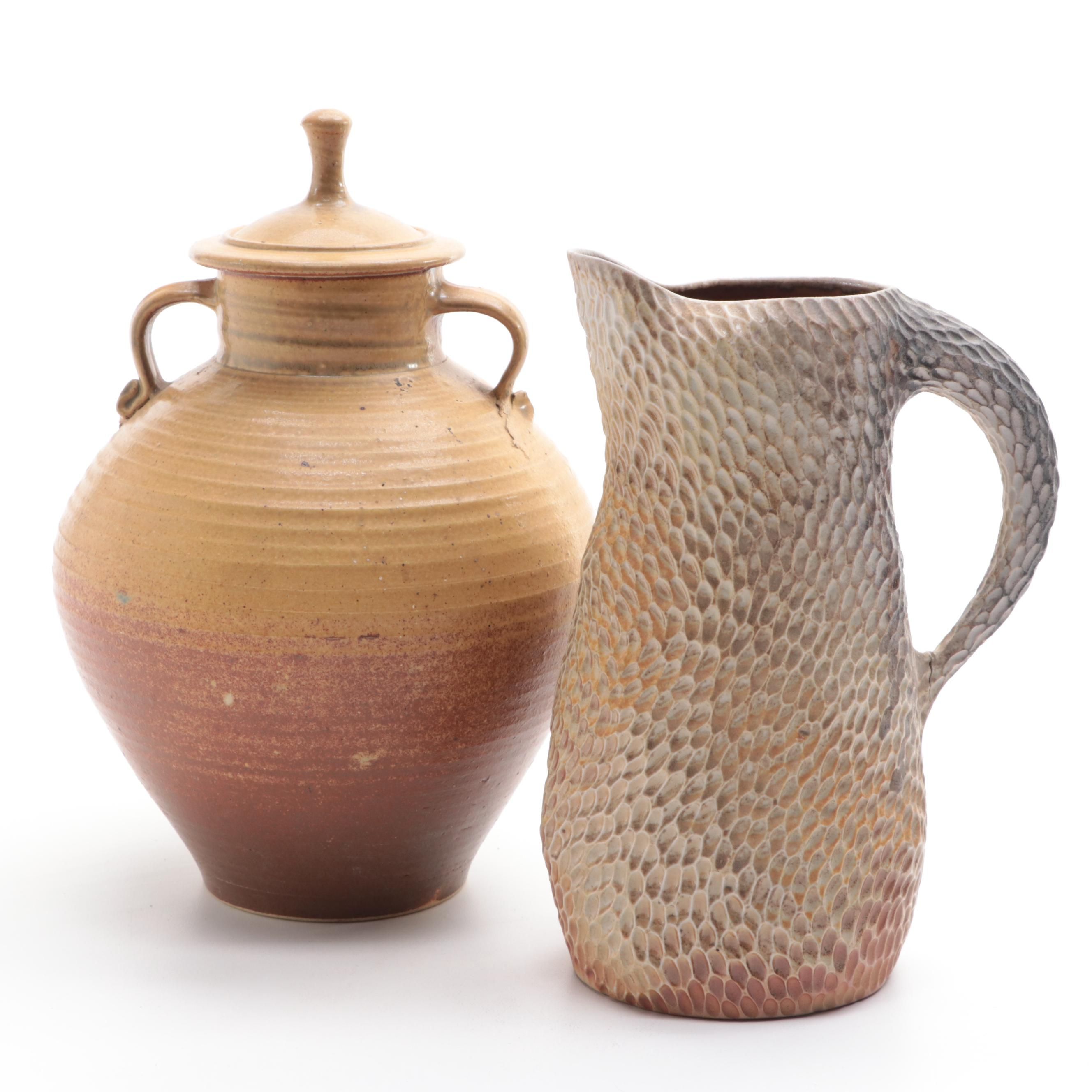 Snake Skin Pattern Ceramic Pitcher with Double Handle Ceramic Lidded Jar