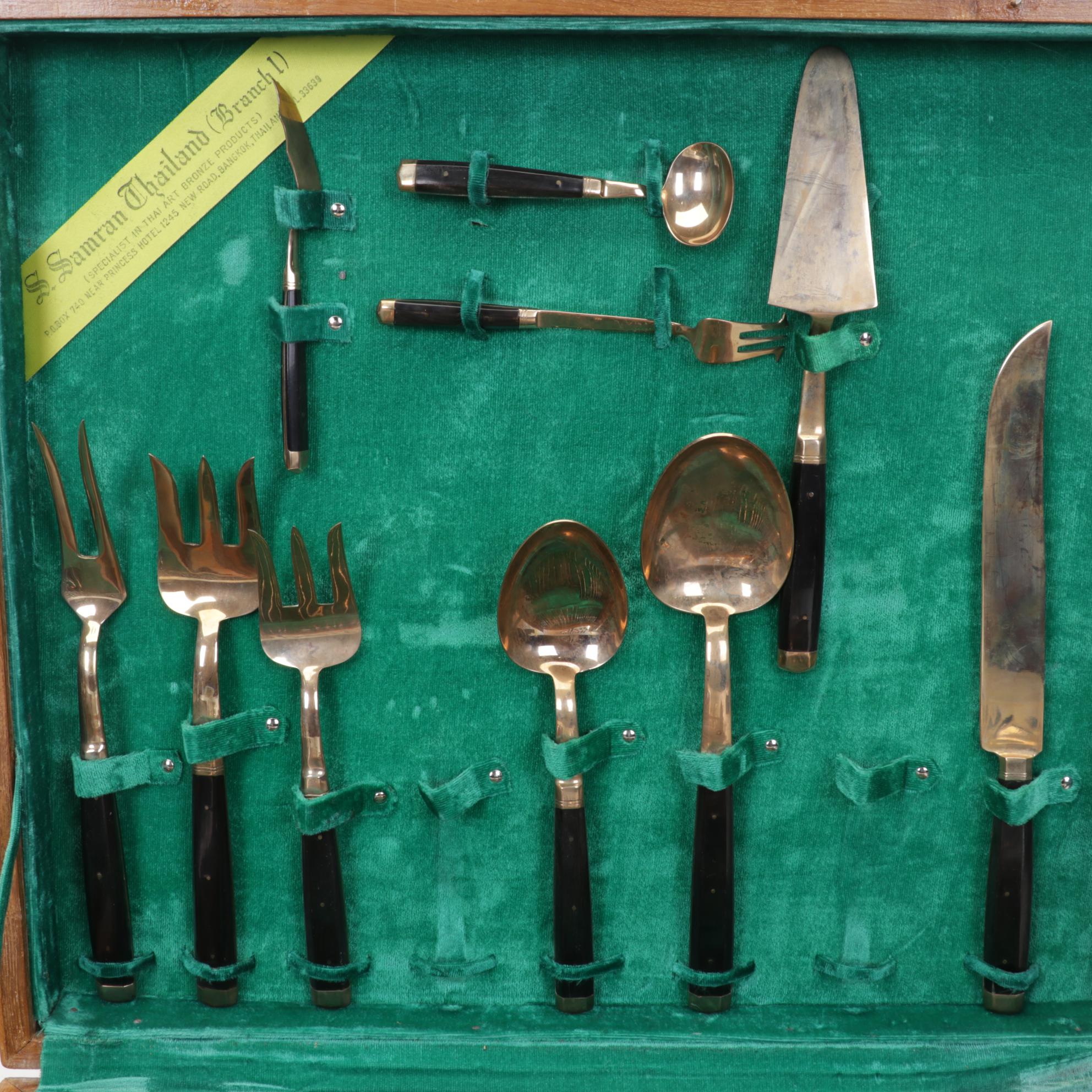 S. Samran Thailand Bronze Alloy and Rosewood Flatware and Serving Utensils