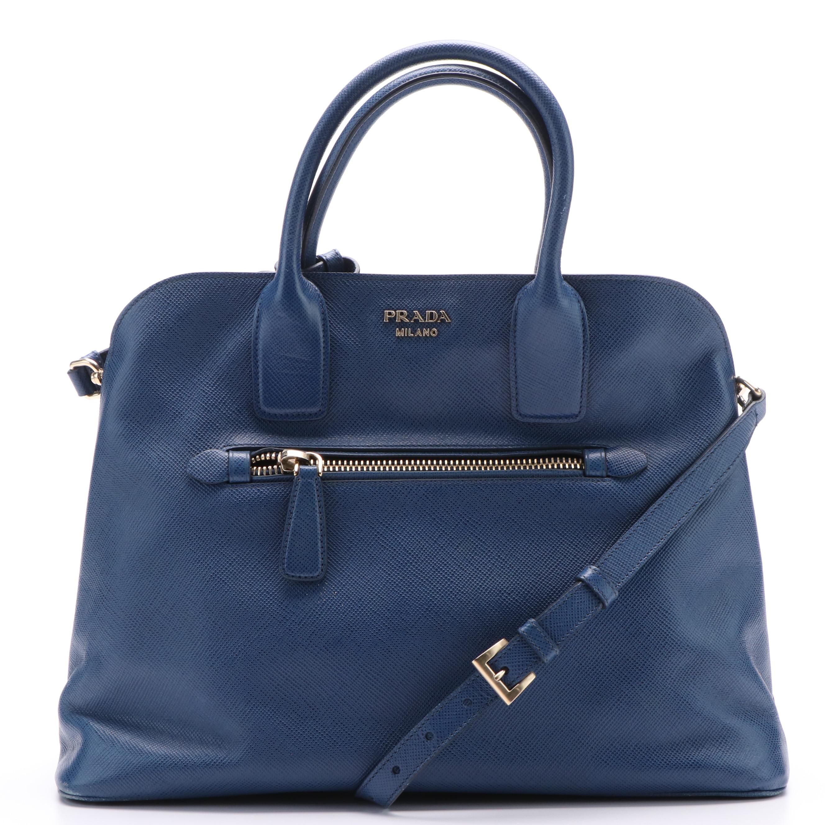 Prada Open Promenade 2 Way Tote in Blue Saffiano Cuir Leather