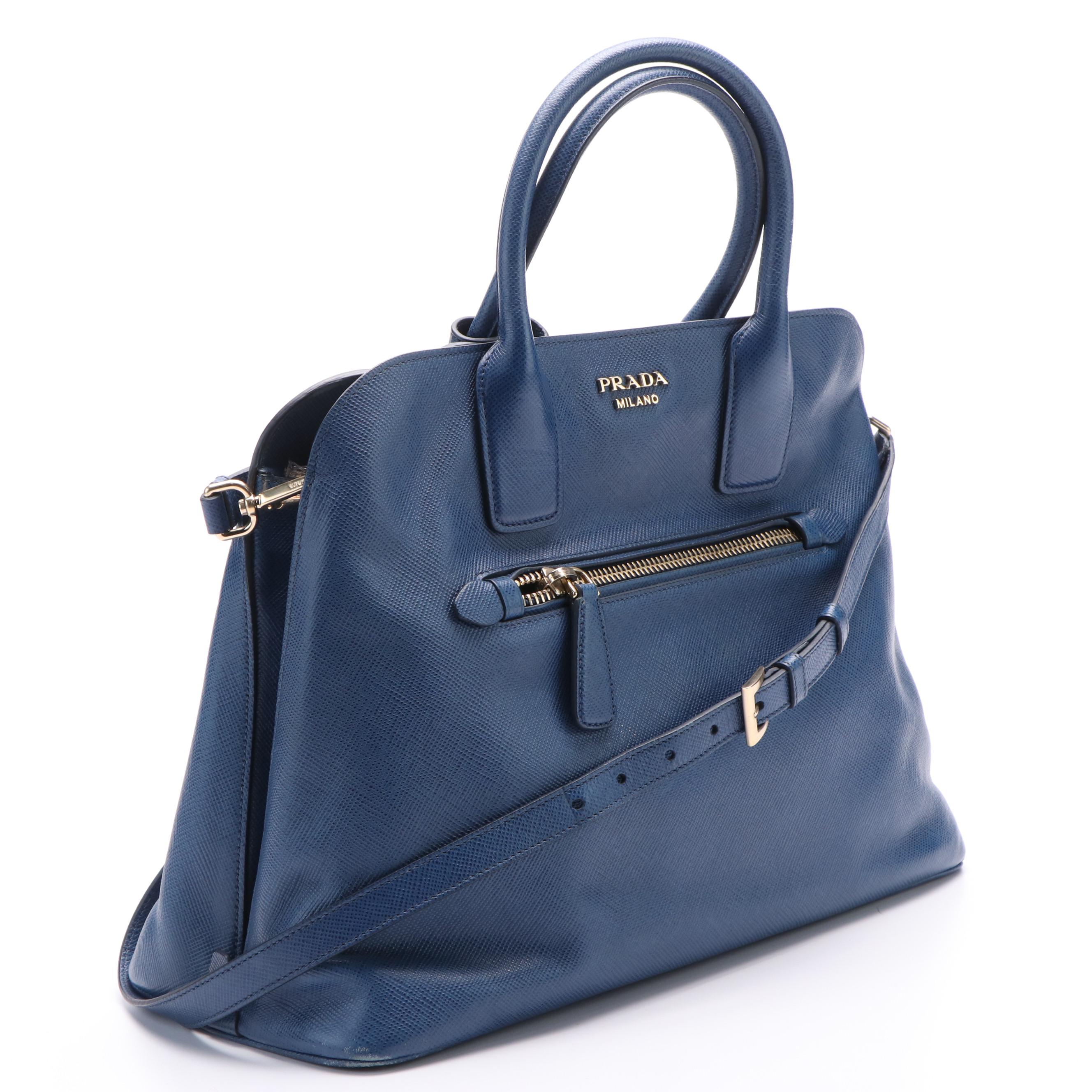 Prada Open Promenade 2 Way Tote in Blue Saffiano Cuir Leather