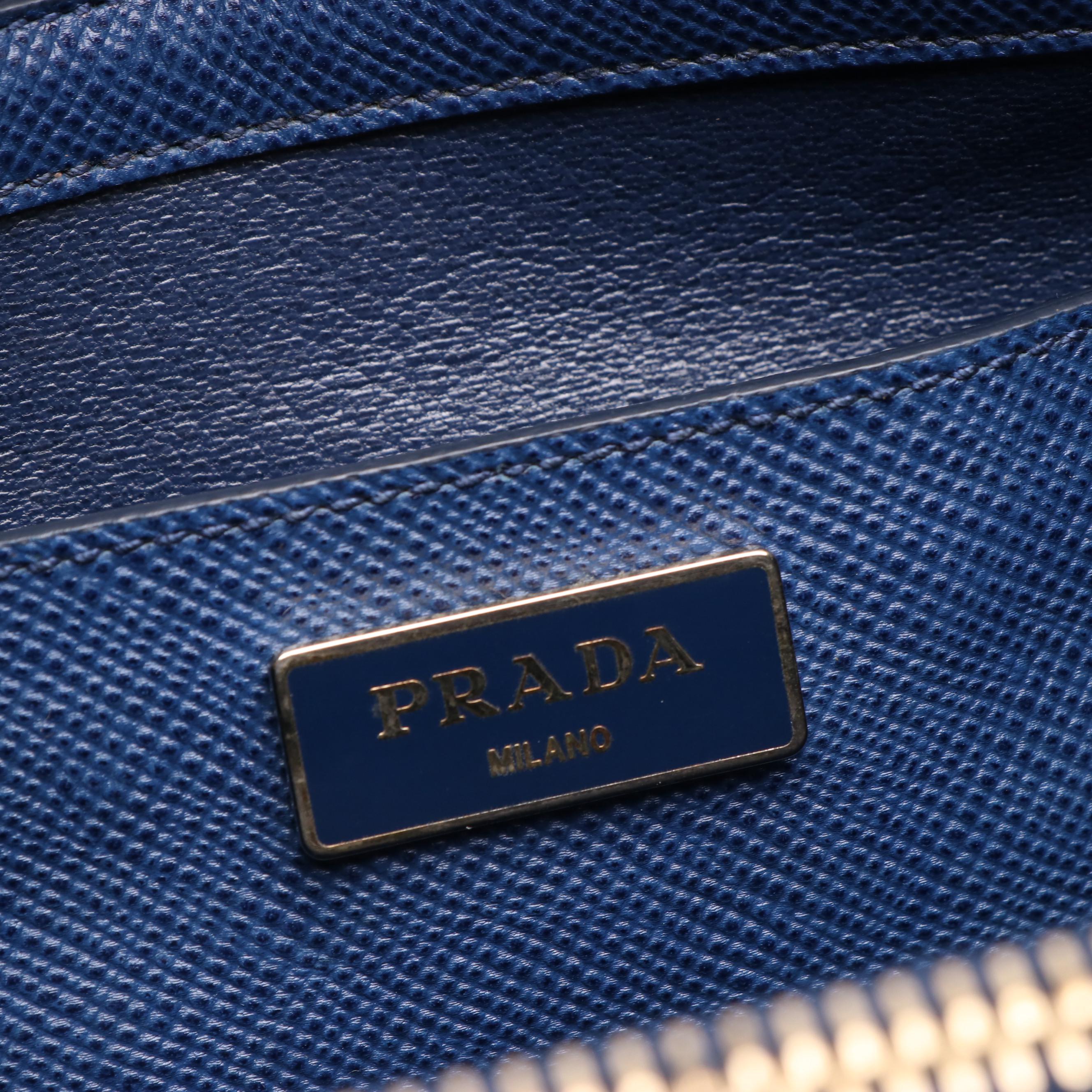 Prada Open Promenade 2 Way Tote in Blue Saffiano Cuir Leather