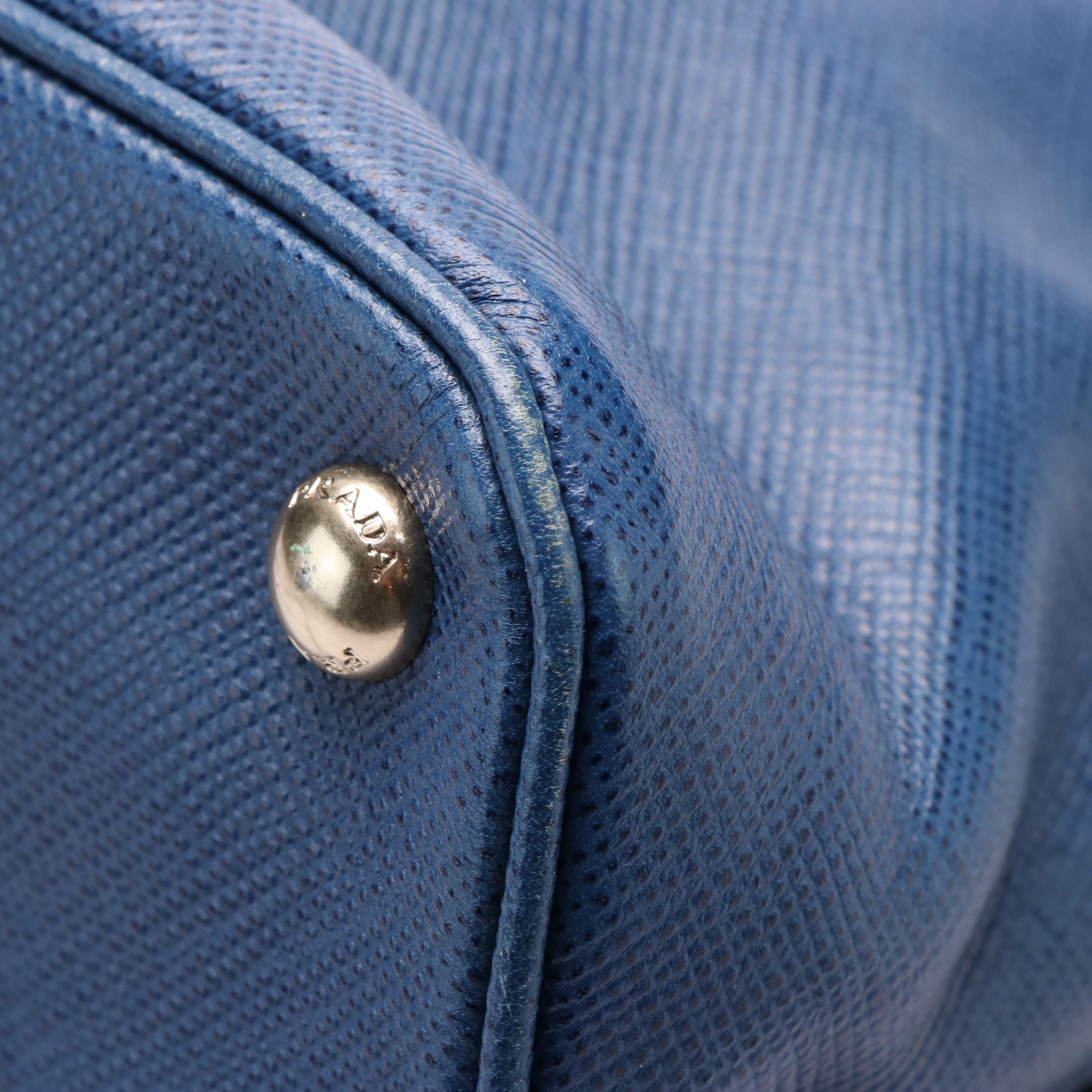 Prada Open Promenade 2 Way Tote in Blue Saffiano Cuir Leather