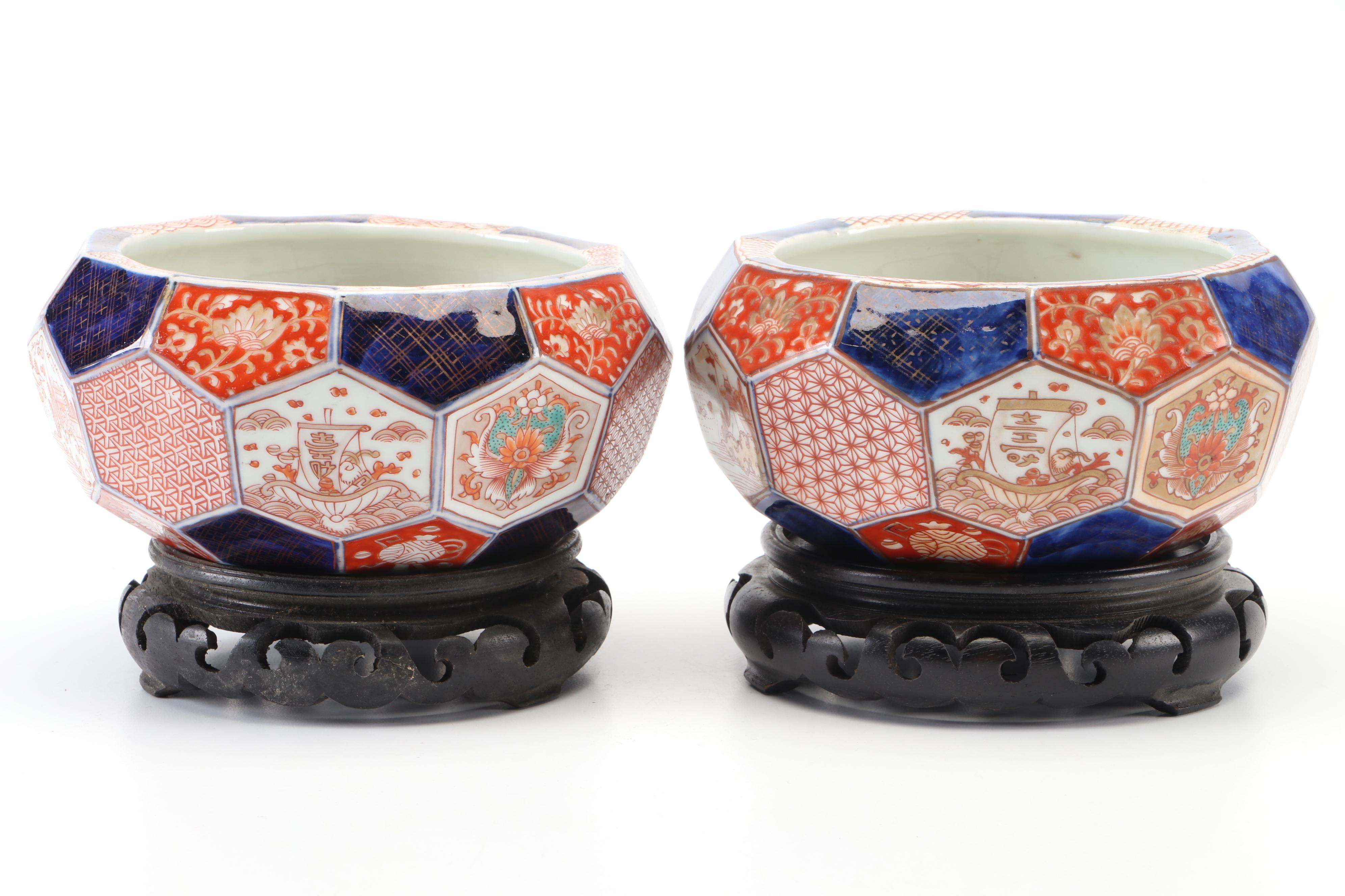 Japanese Imari Porcelain Hexagonal Fish Bowls with Stands