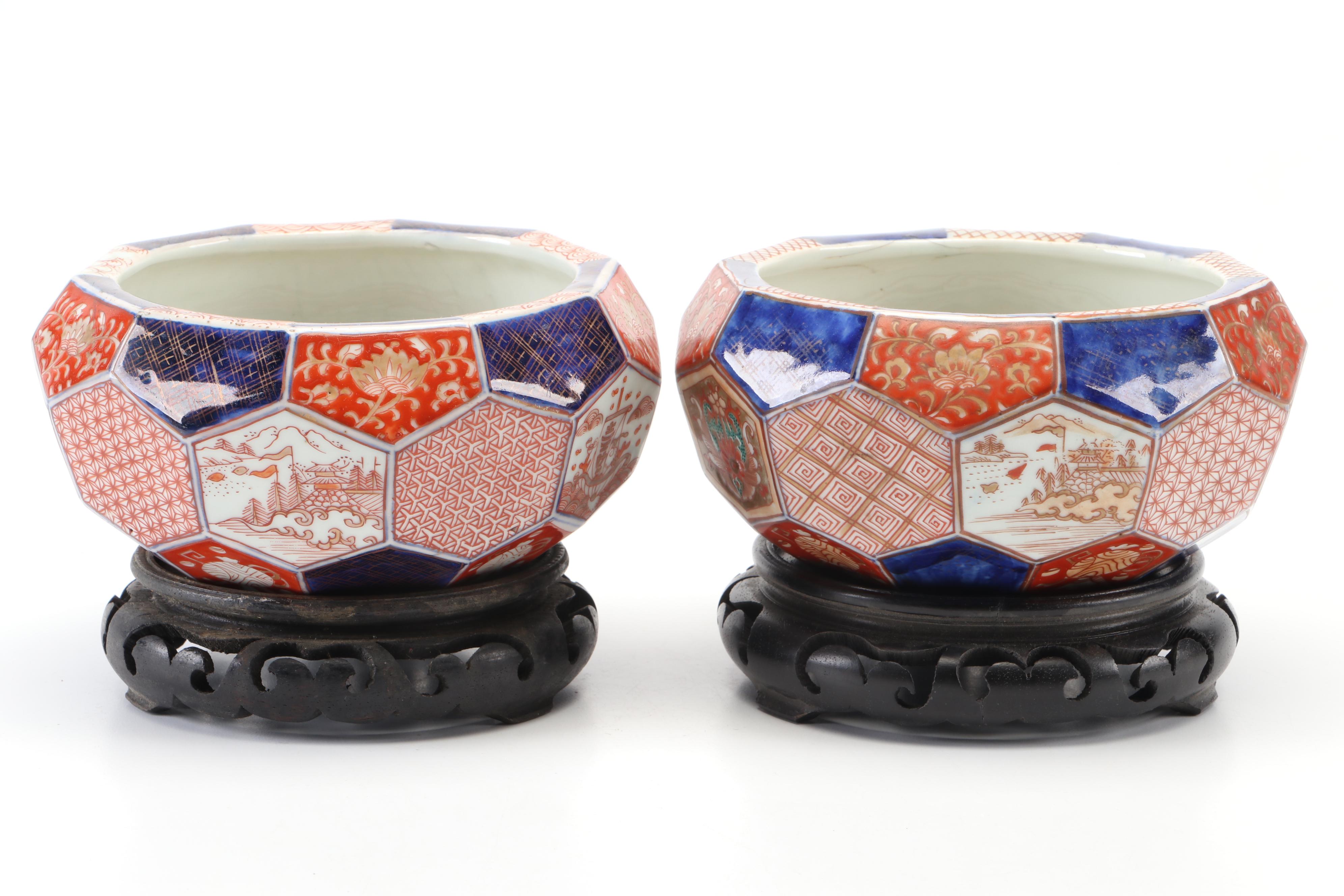 Japanese Imari Porcelain Hexagonal Fish Bowls with Stands