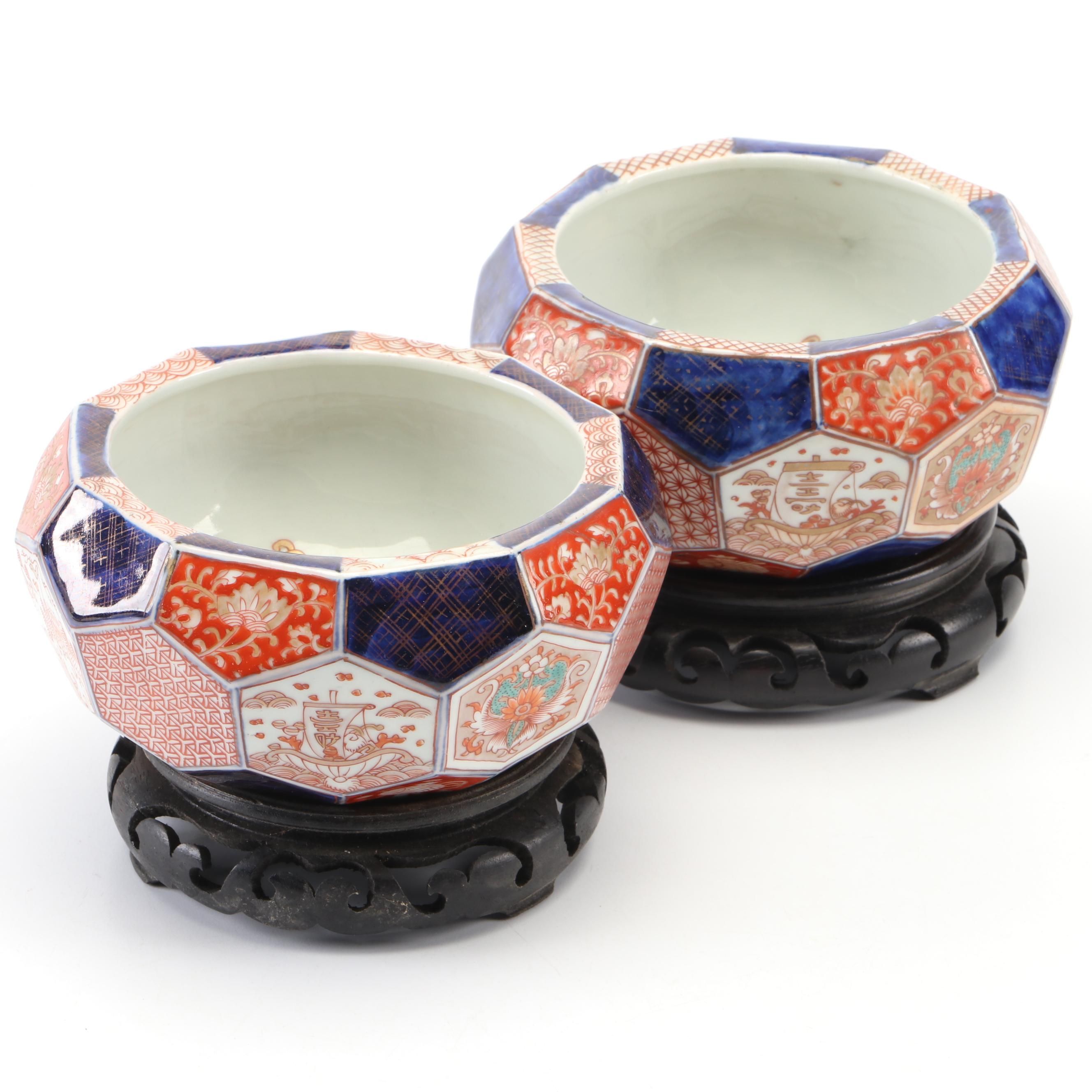 Japanese Imari Porcelain Hexagonal Fish Bowls with Stands