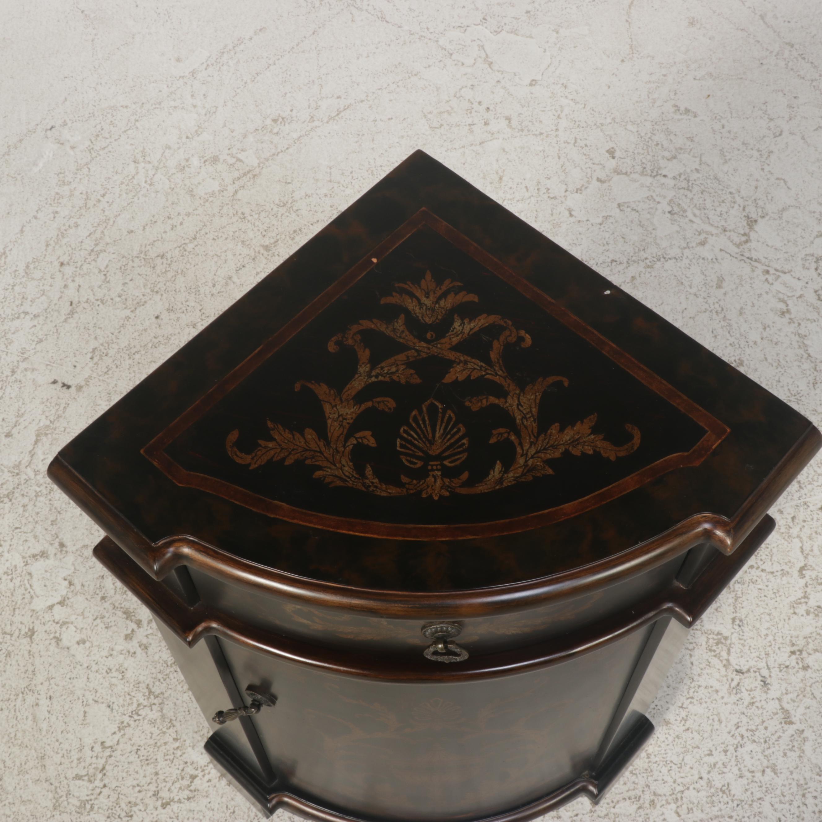 Venetian Style Ebonized and Gilt-Decorated Corner Cabinet