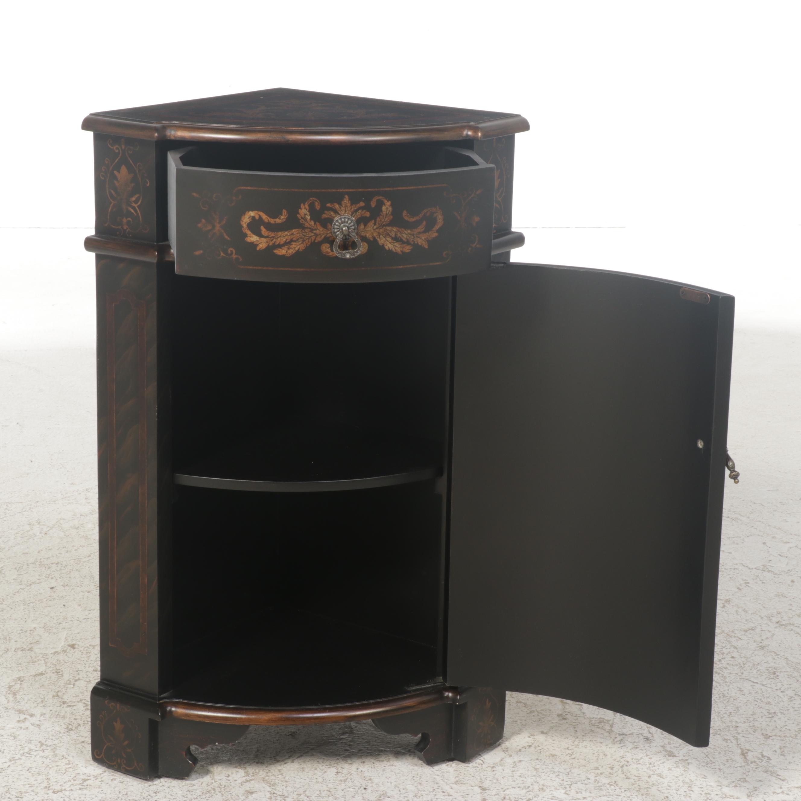 Venetian Style Ebonized and Gilt-Decorated Corner Cabinet