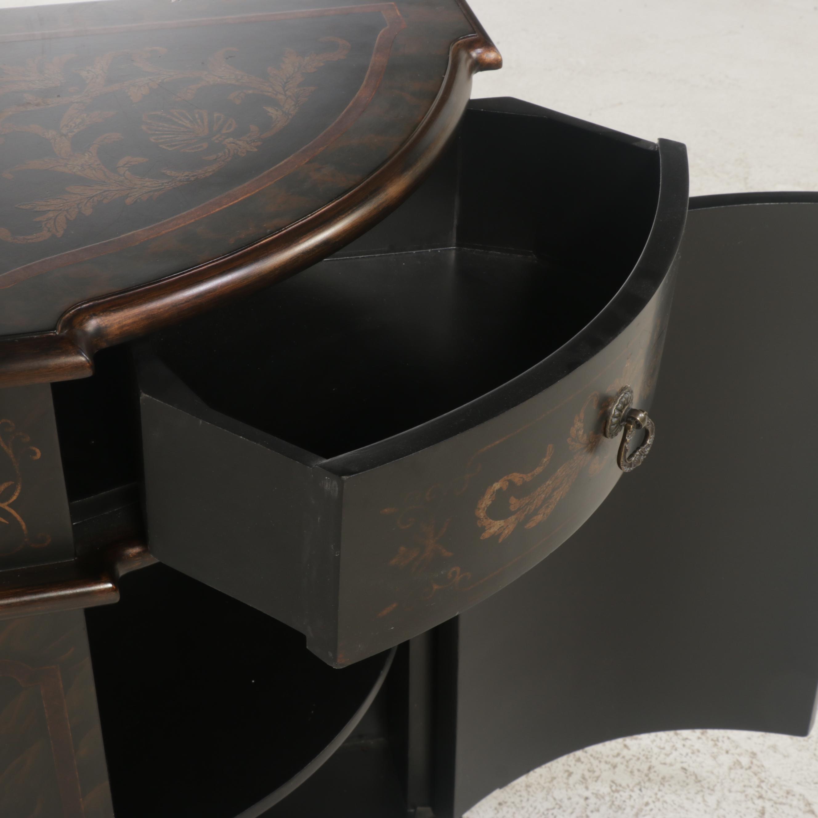 Venetian Style Ebonized and Gilt-Decorated Corner Cabinet