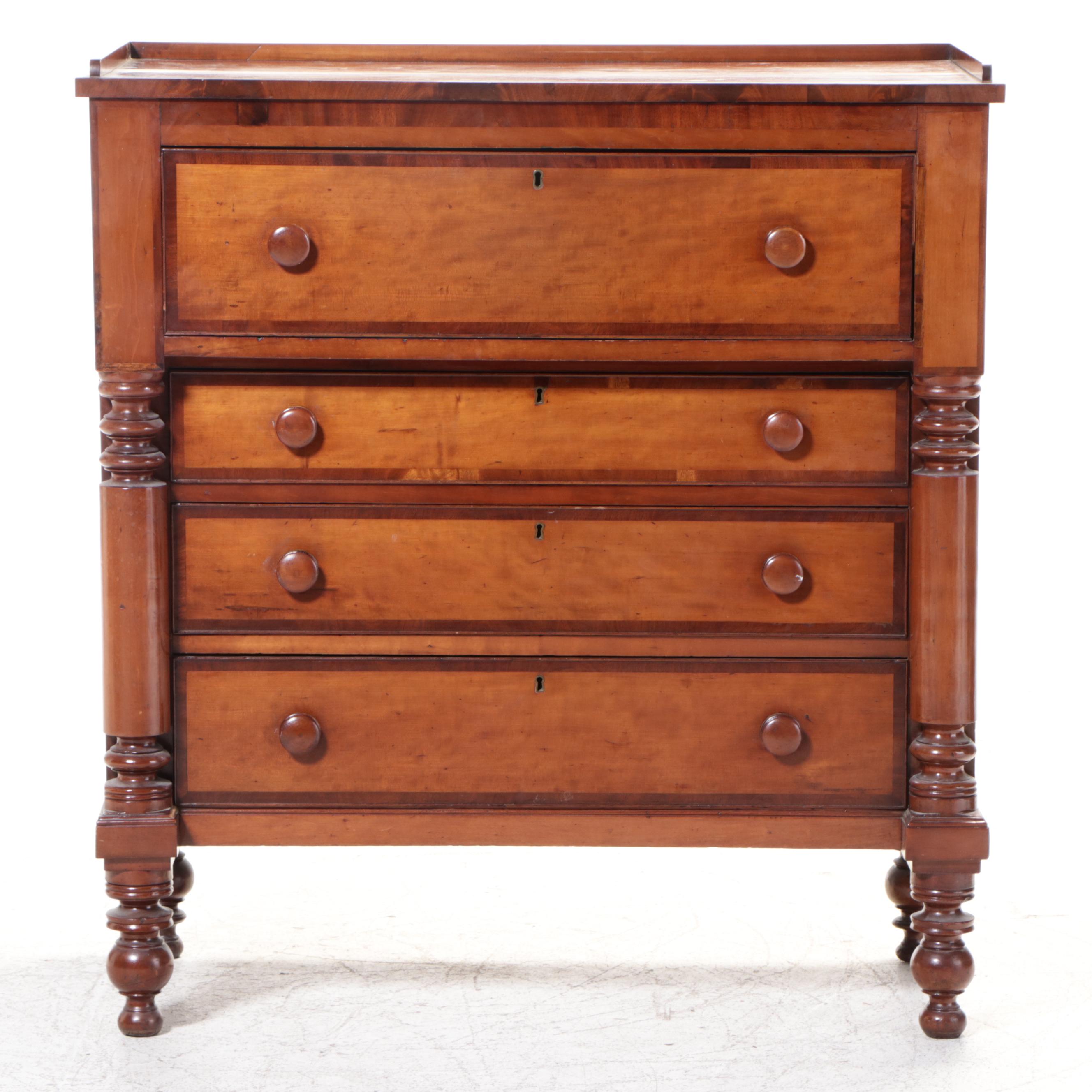 American Empire Mahogany Banded Cherry Chest, 19th Century