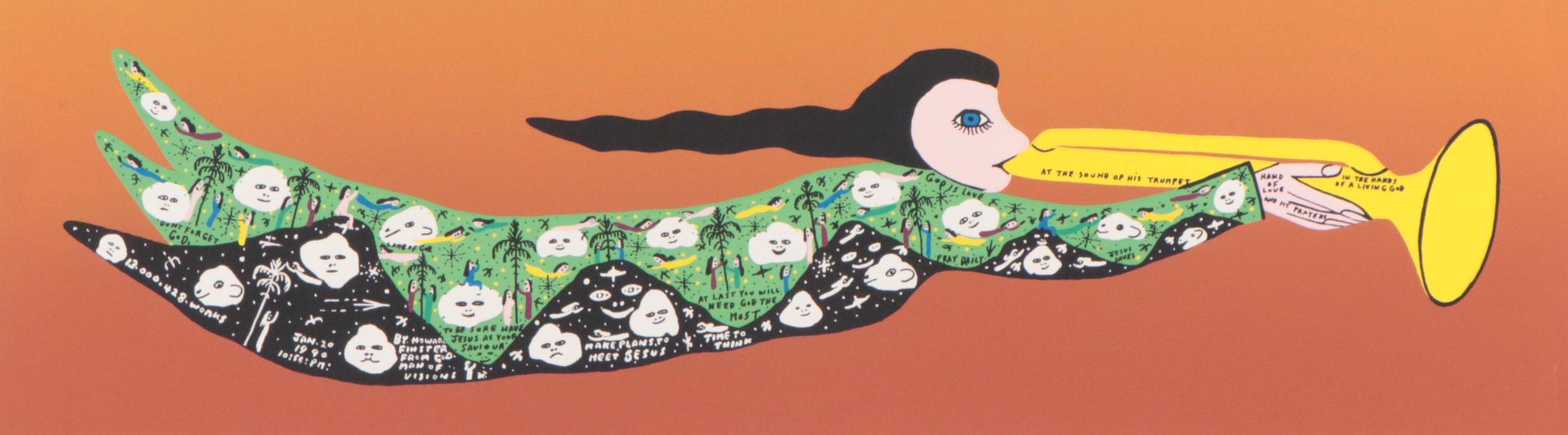 Howard Finster Folk Art Serigraph "At the Sound of His Trumpet," Late 20th C.