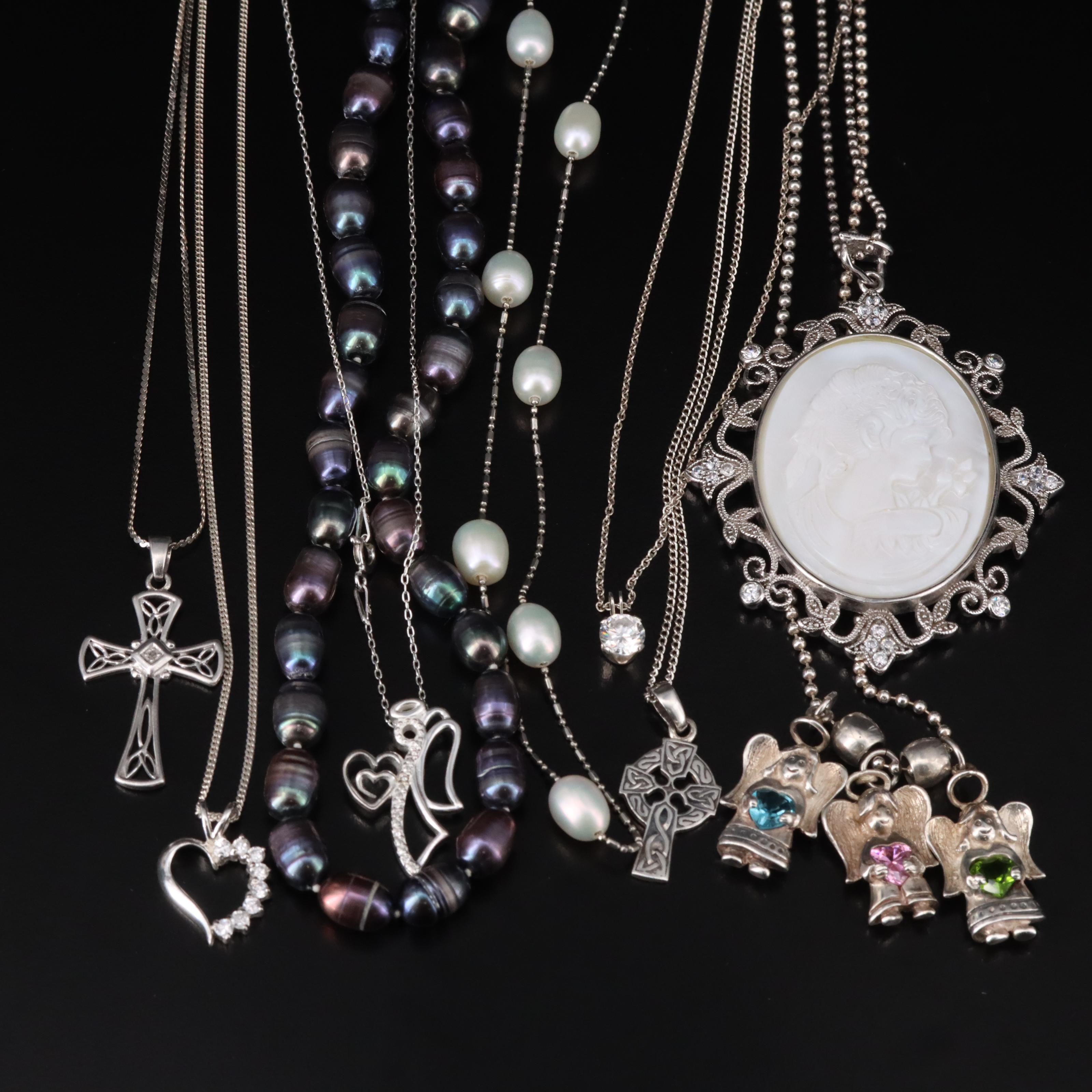 Necklaces Including Sterling, Pearl and Mother-of-Pearl Cameo