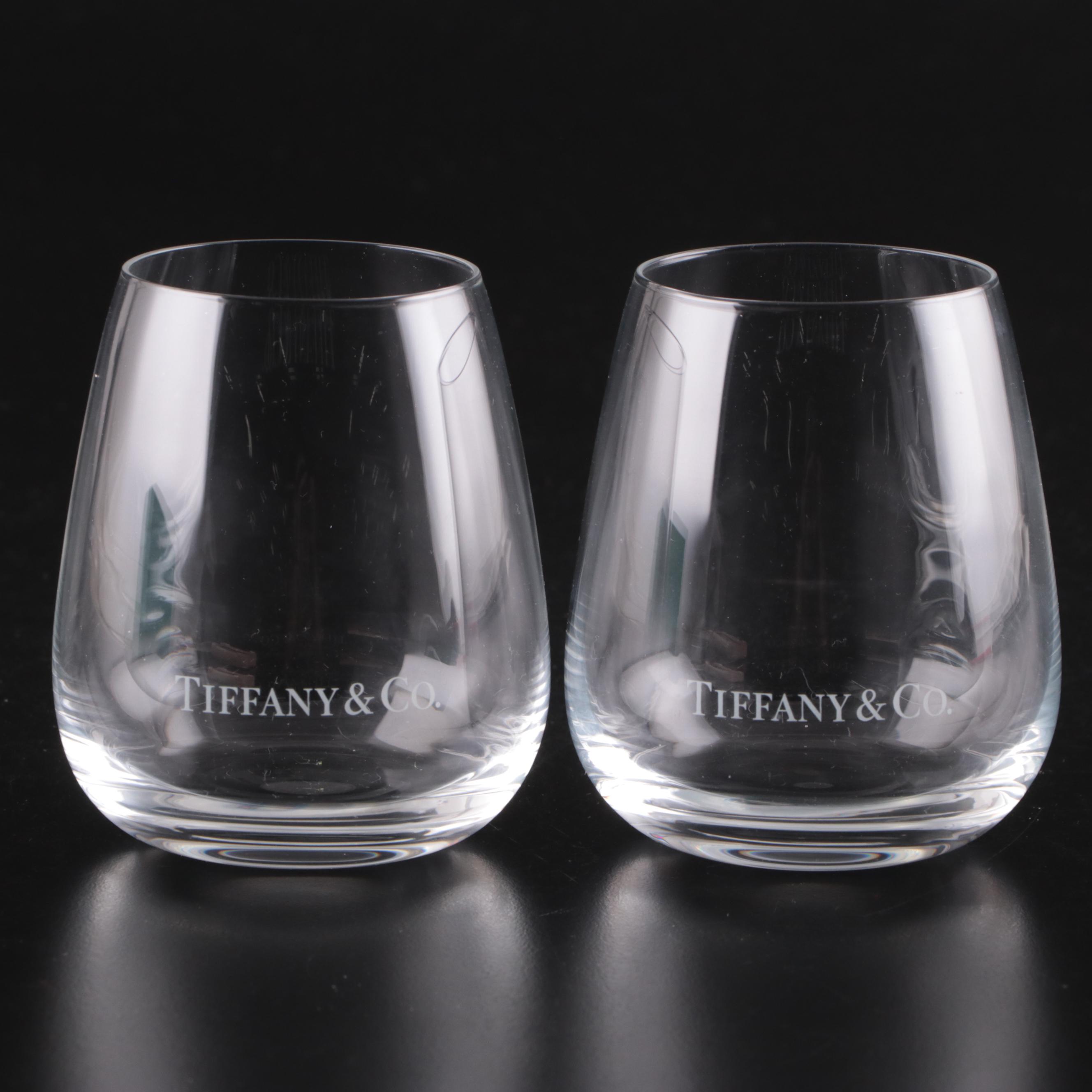 Tiffany & Co. Logo Etched Stemless Crystal Wine Glasses