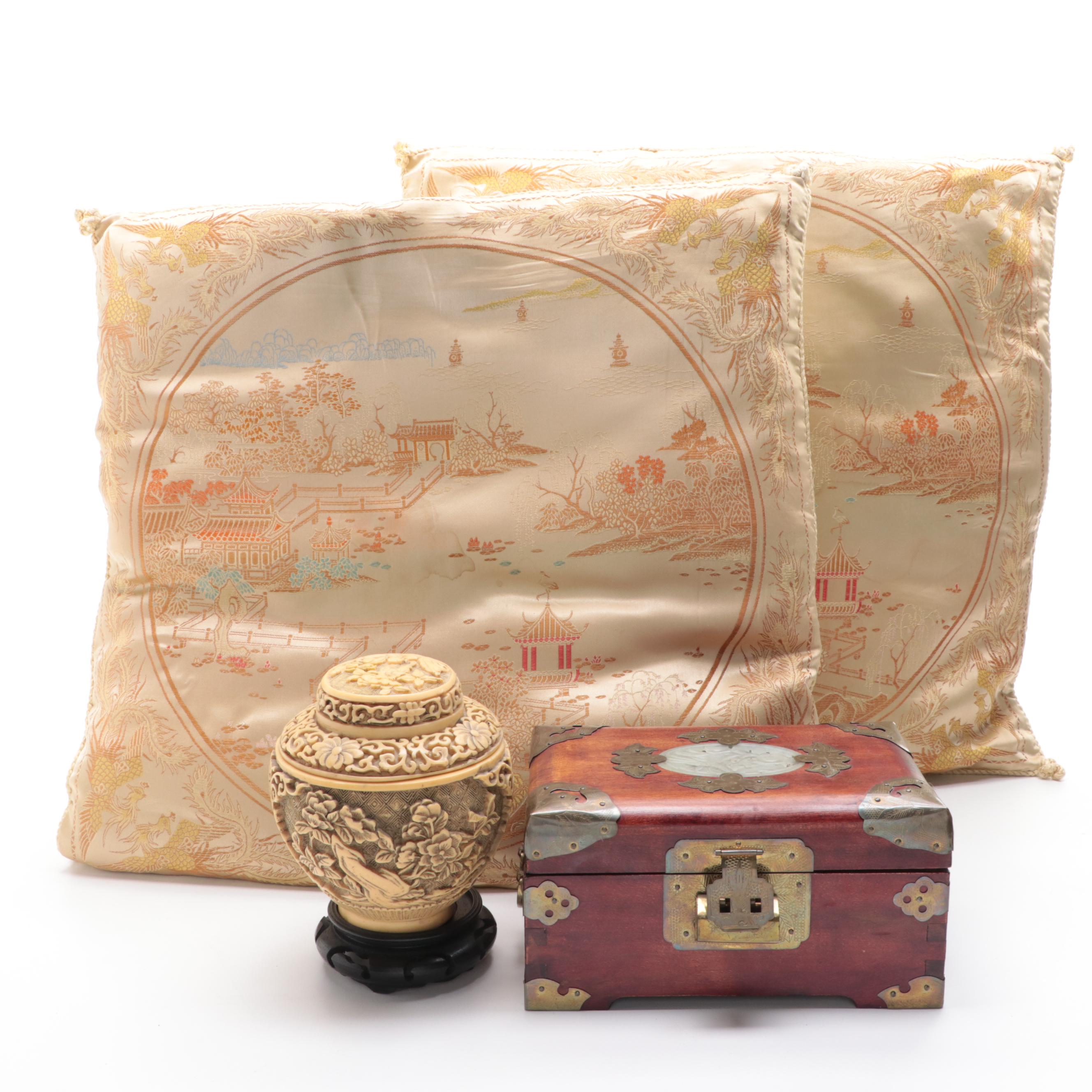 Carved Stone and Brass Mounted Chinese Cabinet Lock Box and More