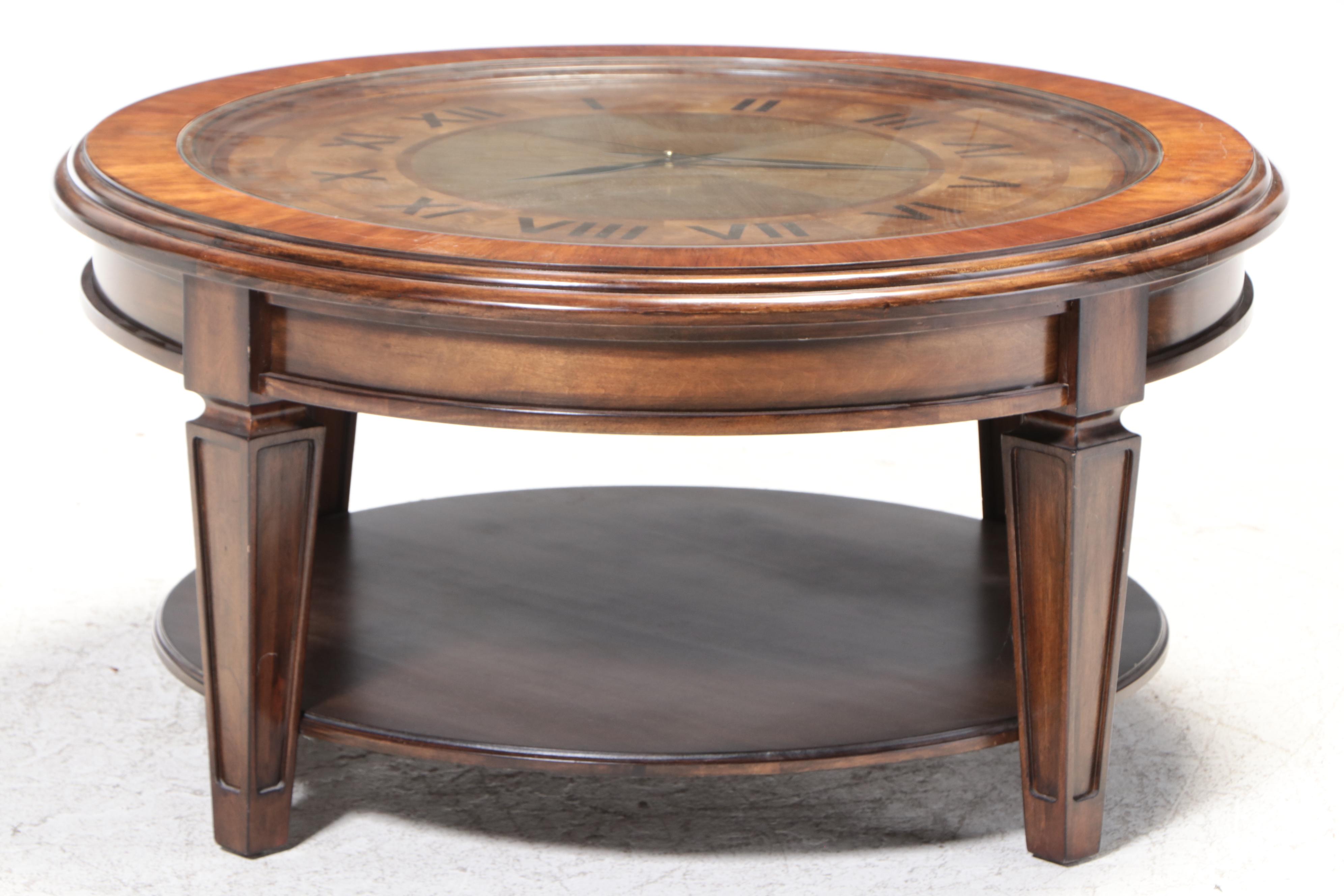 Hardwood, Marquetry and Glass Clock Face Coffee Table EBTH