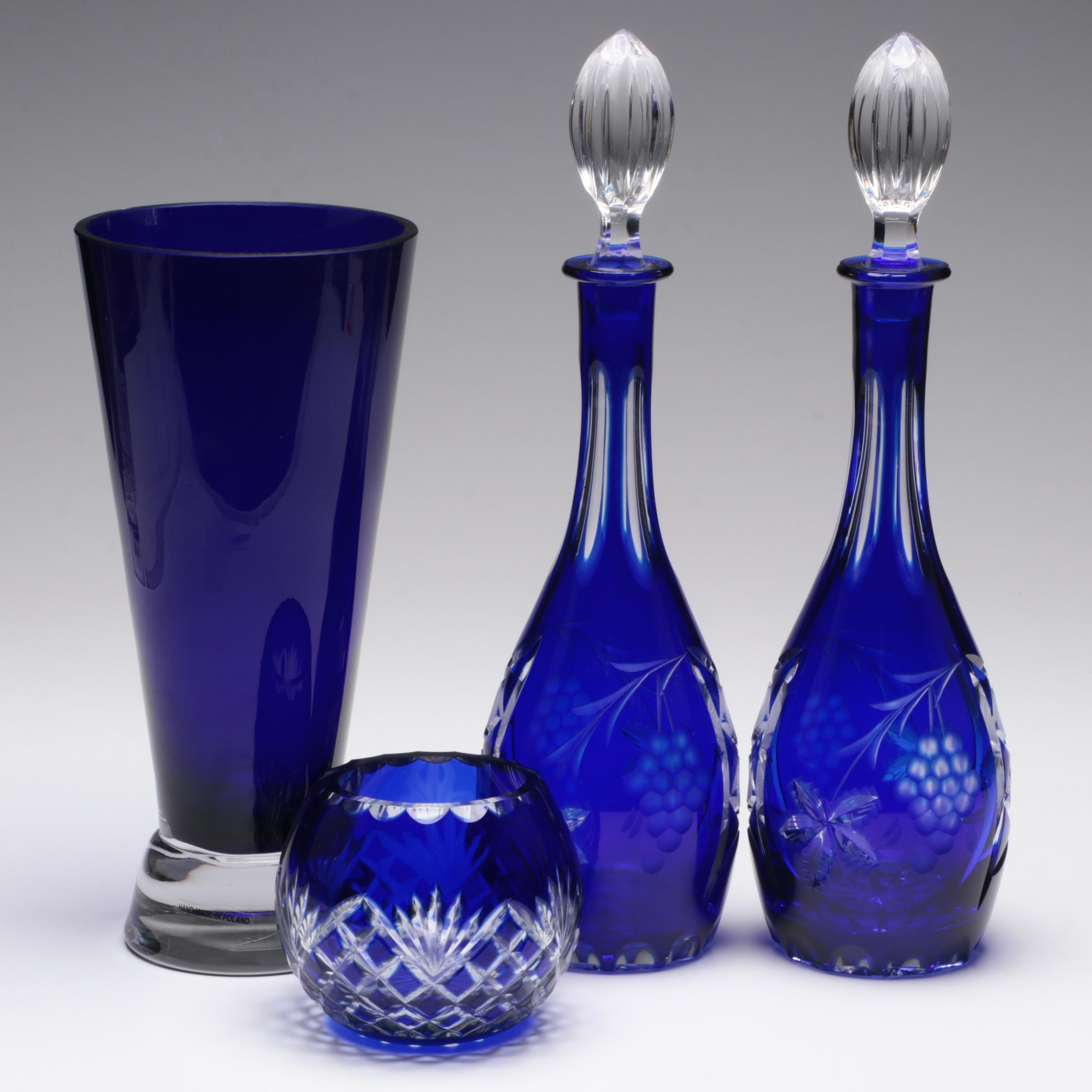 Polish Cobalt Cut to Clear Decanters with Votive Holder and Vase