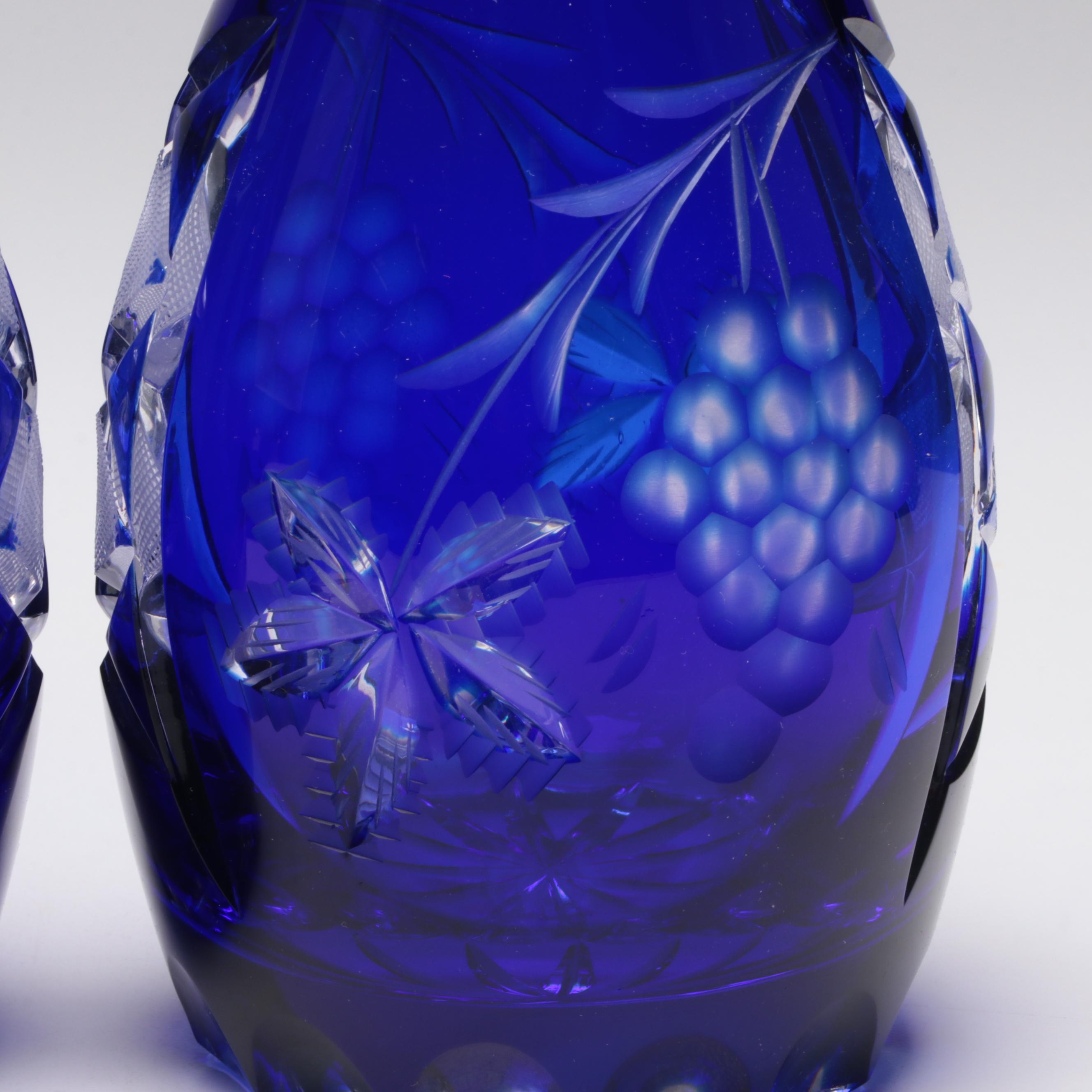 Polish Cobalt Cut to Clear Decanters with Votive Holder and Vase