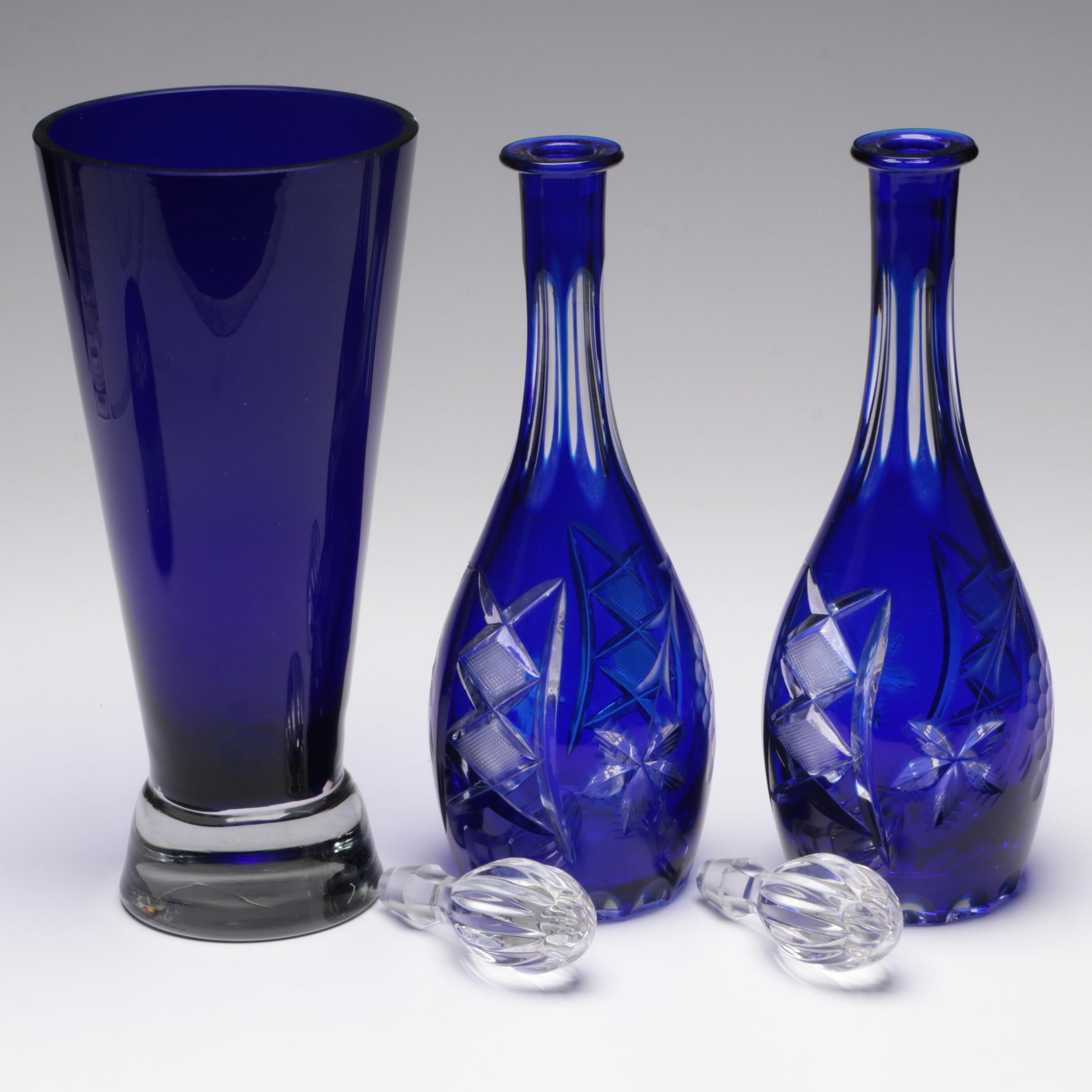 Polish Cobalt Cut to Clear Decanters with Votive Holder and Vase