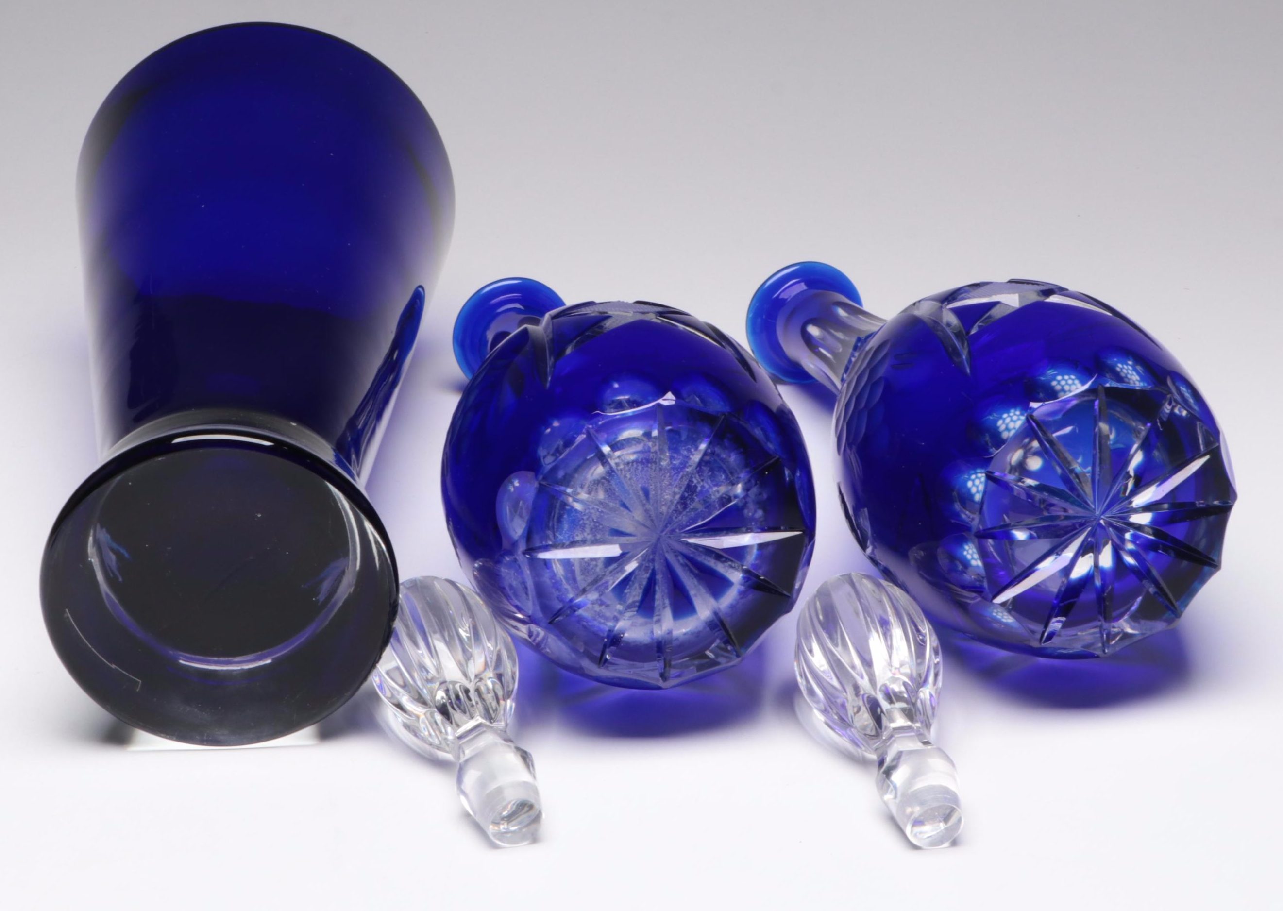 Polish Cobalt Cut to Clear Decanters with Votive Holder and Vase