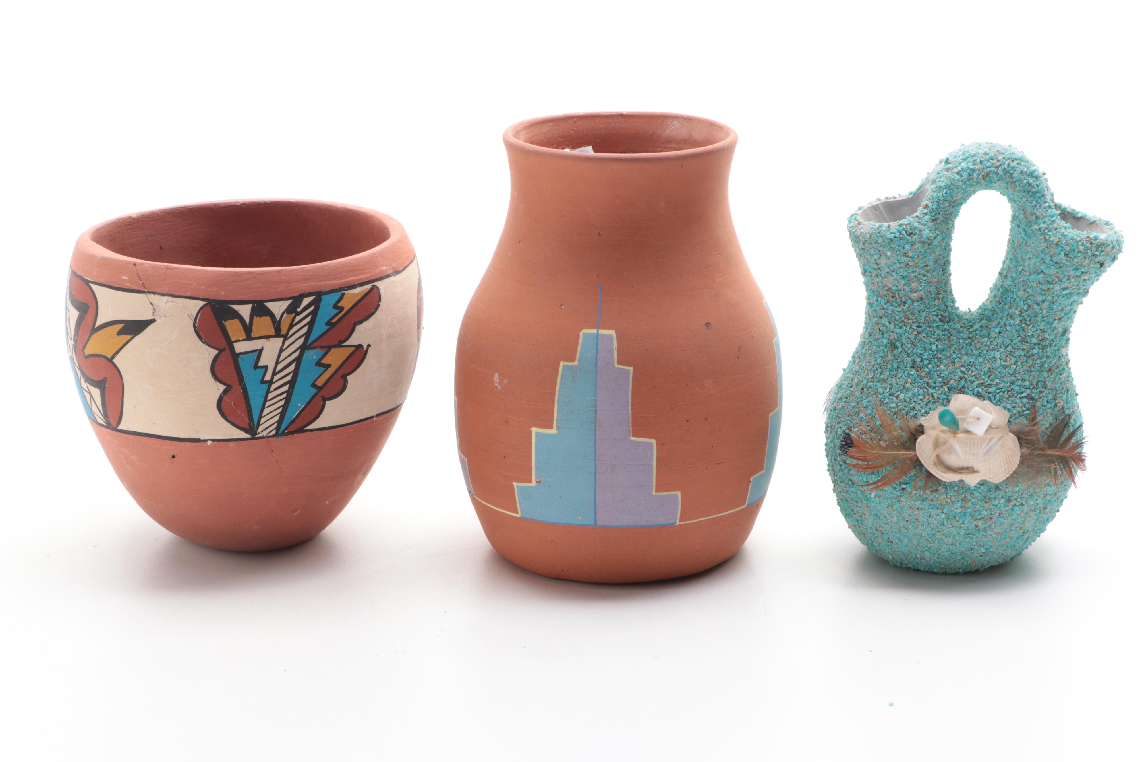 Native American Pottery Collection with Polychrome Kachina and Hawaiian Carving