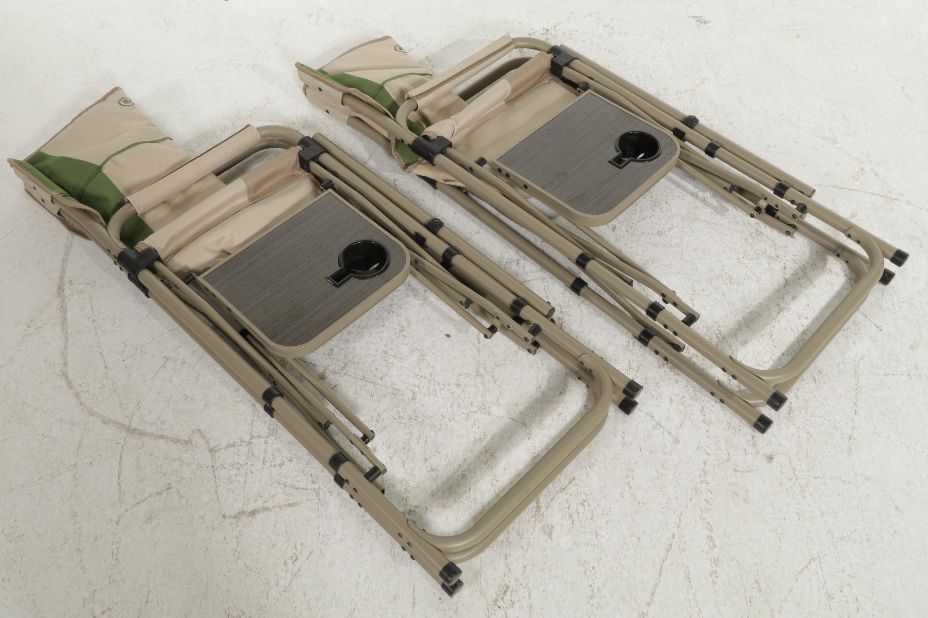 Pair of Bass Pro Shops Eclipse Folding Camp Chairs with Attached Side Tables